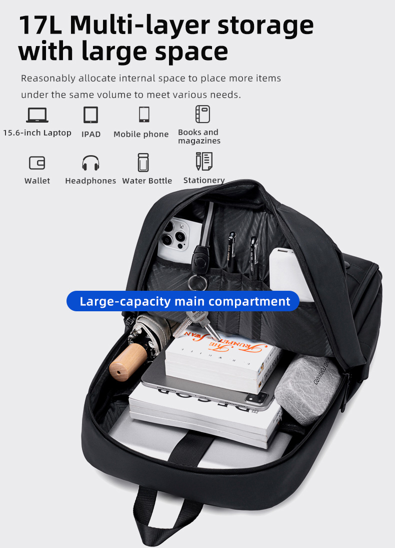 GOLDEN WOLF τσάντα πλάτης GB00705 με θήκη laptop 15.6", 17L, μαύρη