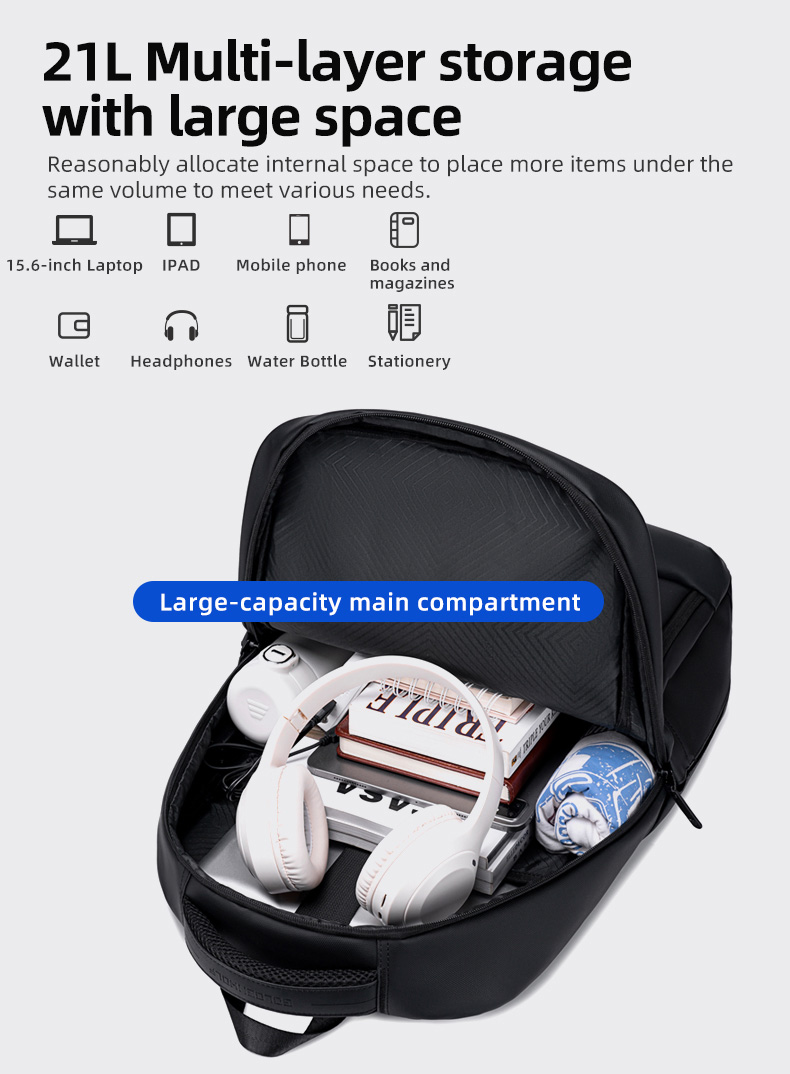 GOLDEN WOLF τσάντα πλάτης GB00707 με θήκη laptop 15.6", 21L, μαύρη