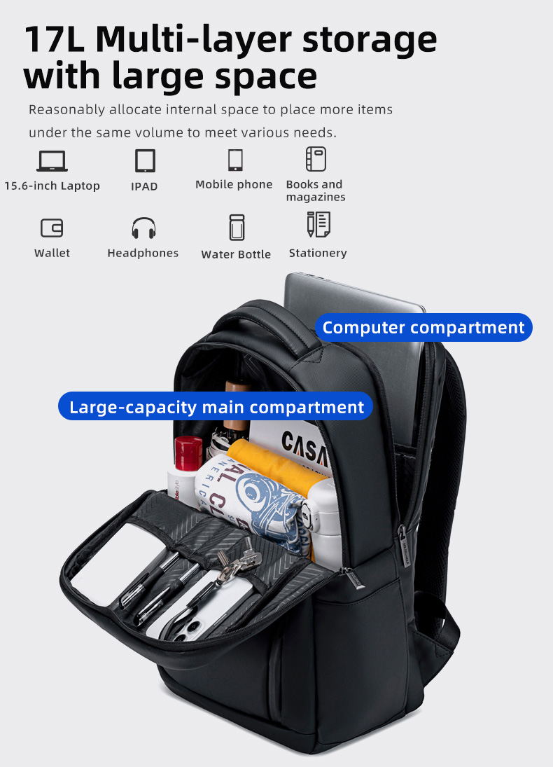 GOLDEN WOLF τσάντα πλάτης GB00731 με θήκη laptop 15.6", 17L, μαύρη