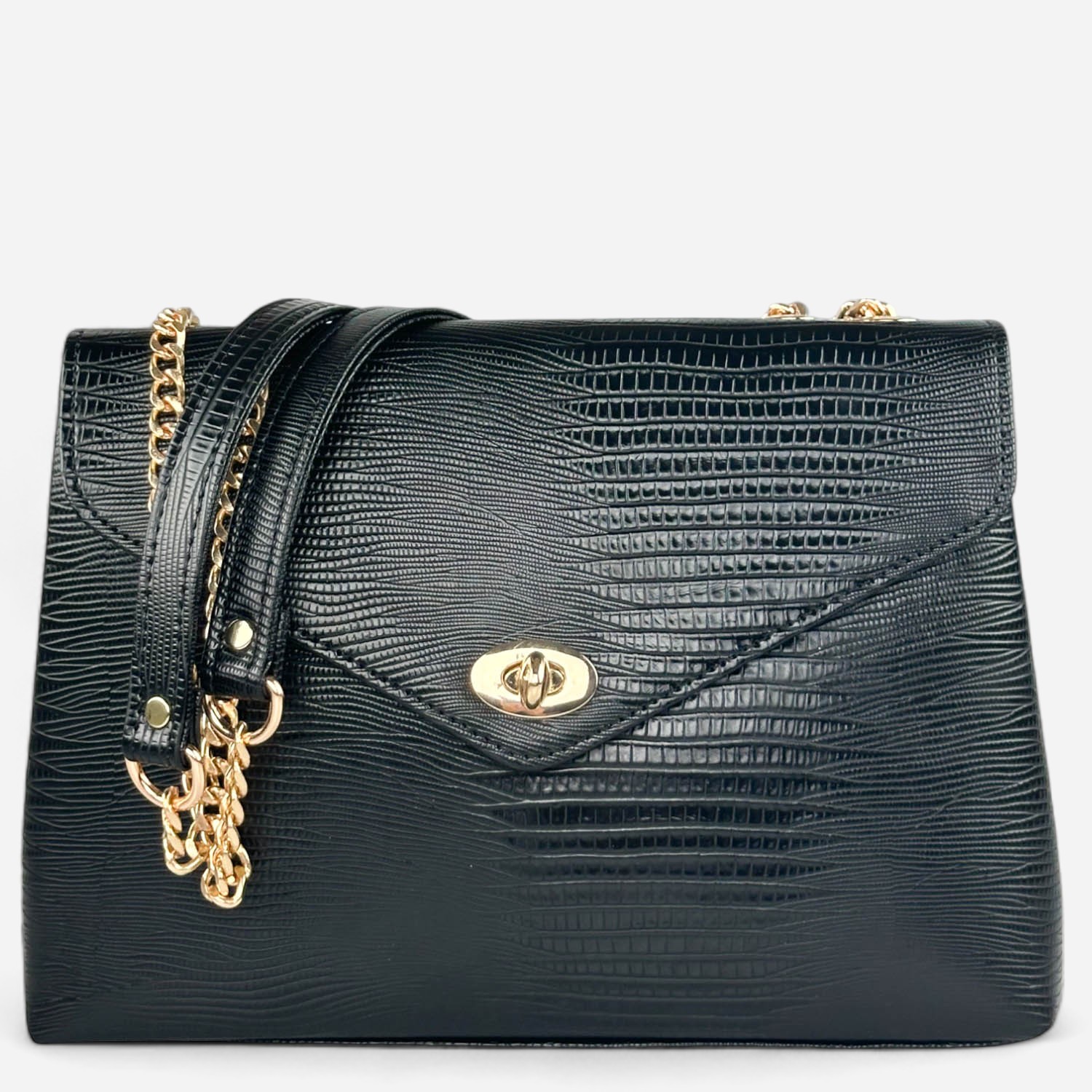 Sequoia Γυναικεία Τσάντα Ώμου με Ανάγλυφο Μοτίβο Ιγκουάνα και Χρυσή Αλυσίδα V-141IG Μαύρο