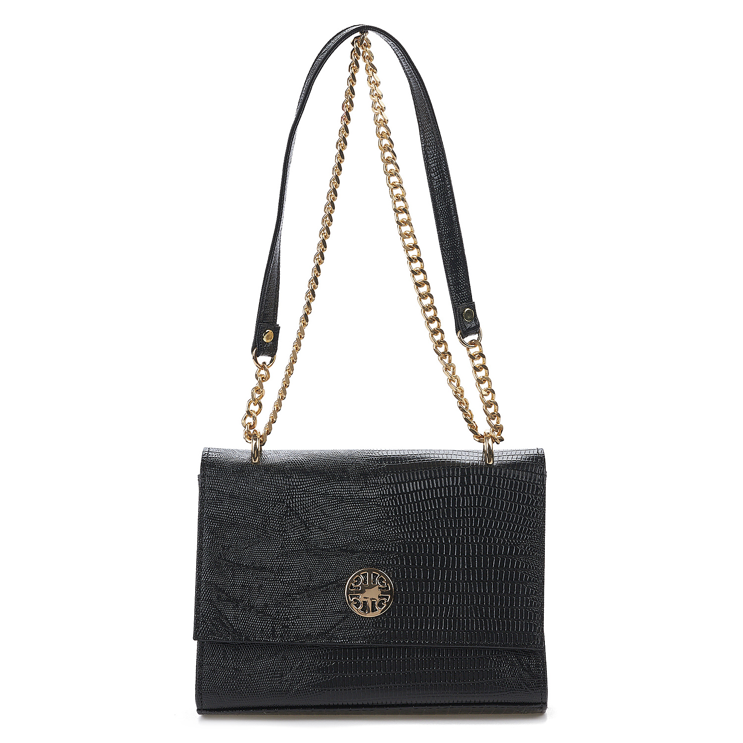 Sequoia Γυναικεία Τσάντα Ώμου με Ανάγλυφο Μοτίβο Ιγκουάνα και Χρυσή Αλυσίδα V-112IG Μαύρο