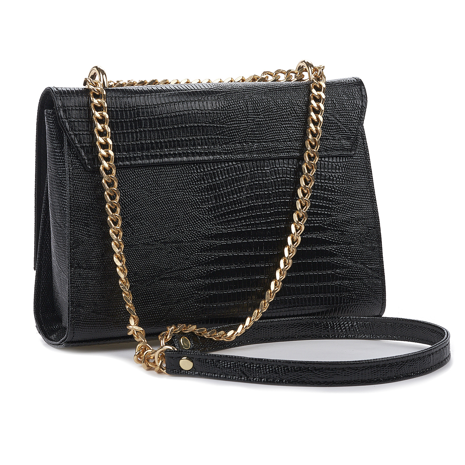 Sequoia Γυναικεία Τσάντα Ώμου με Ανάγλυφο Μοτίβο Ιγκουάνα και Χρυσή Αλυσίδα V-112IG Μαύρο