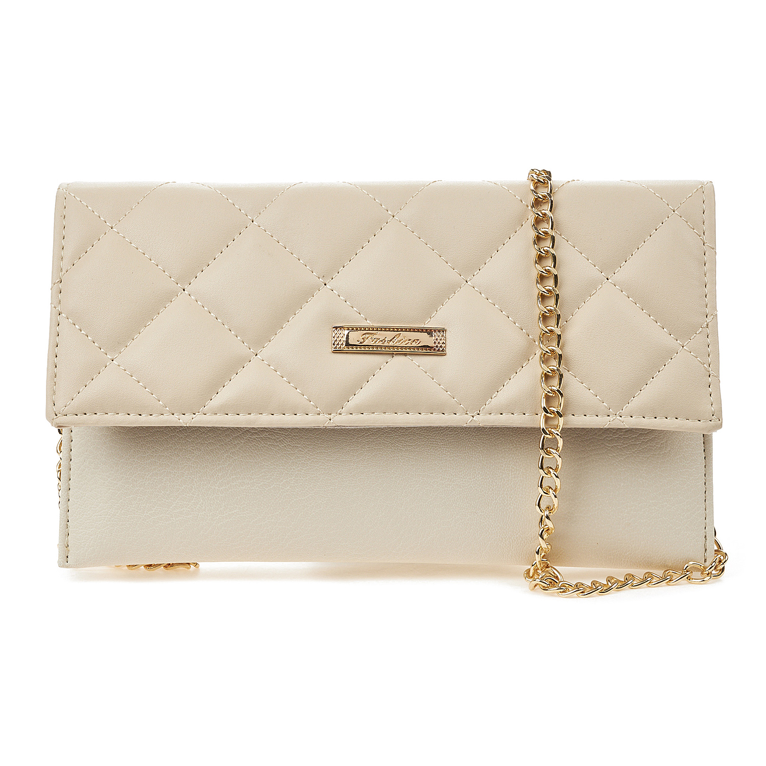 Sequoia Γυναικεία Τσάντα Χιαστί – Φάκελος με Καπιτονέ Μοτίβο και Χρυσή Αλυσίδα V-113CH Florence Μπεζ