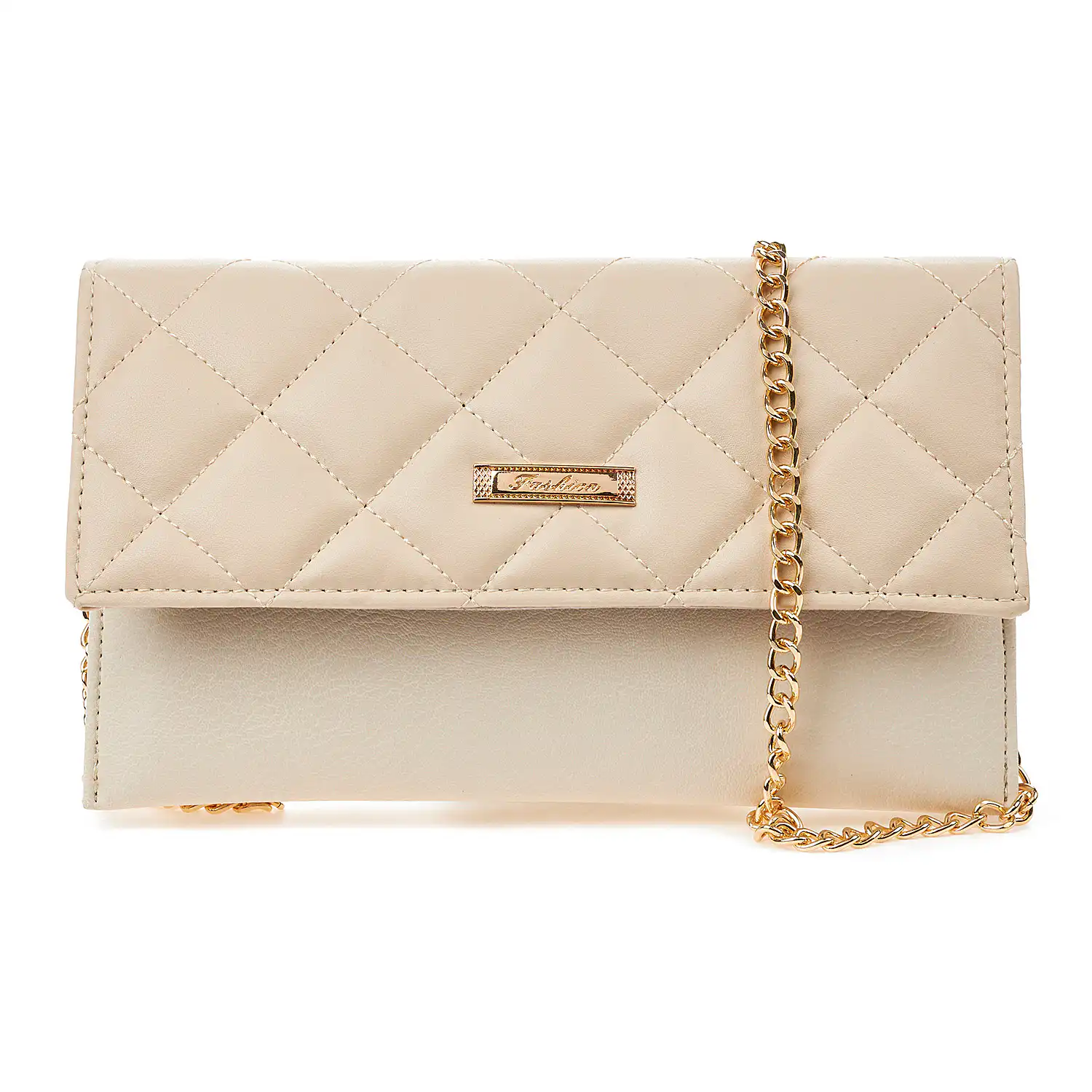 Sequoia Γυναικεία Τσάντα Χιαστί – Φάκελος με Καπιτονέ Μοτίβο και Χρυσή Αλυσίδα V-113CH Florence Μπεζ