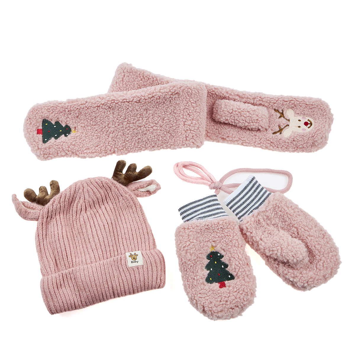 Χριστουγεννιάτικο παιδικό σετ σκουφί-κασκόλ-γάντια LH-1 ροζ