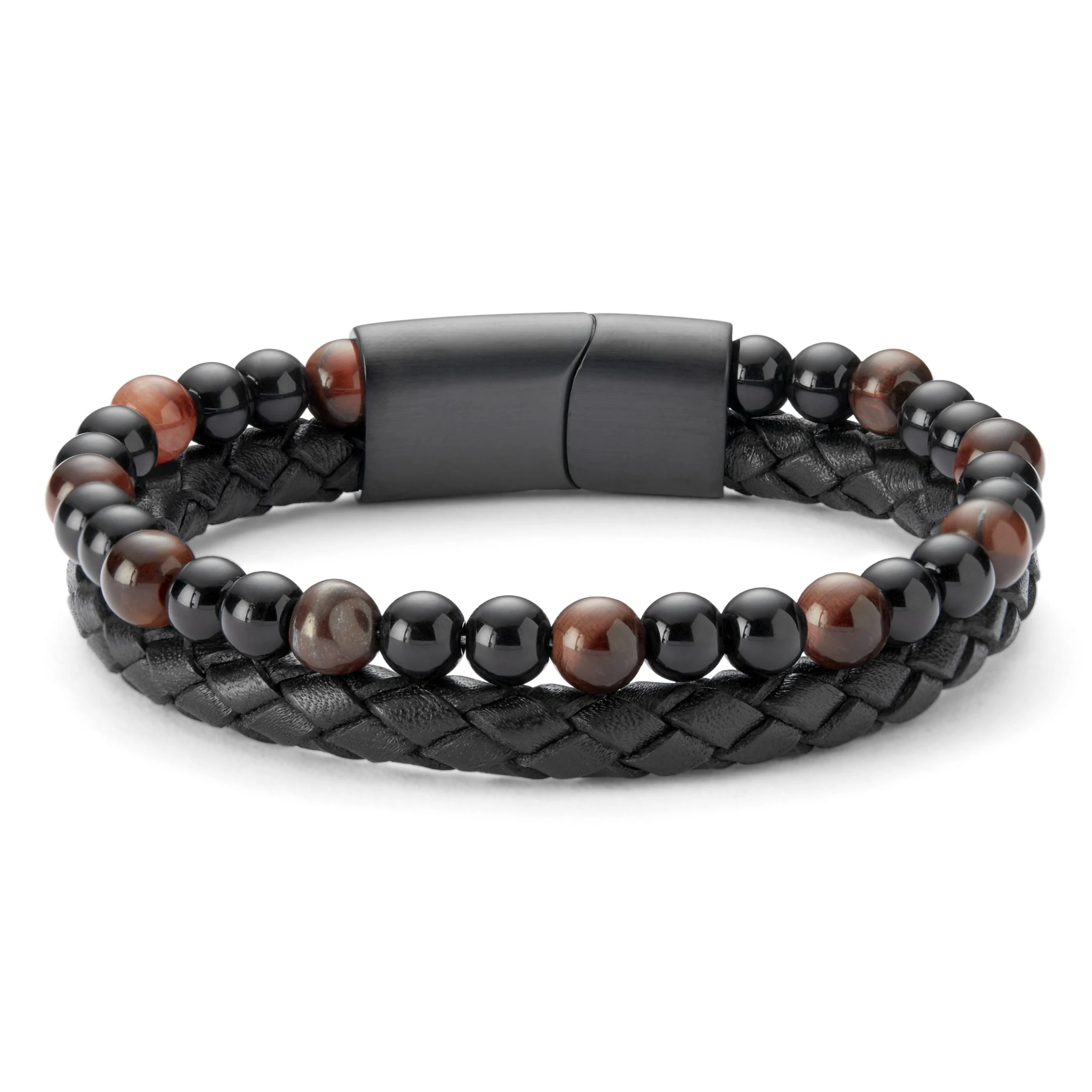 Sequoia Ανδρικό Βραχιόλι με Μάτι Τίγρης , Ατσάλι και Δέρμα MBR-0005 Βαθύ κόκκινο