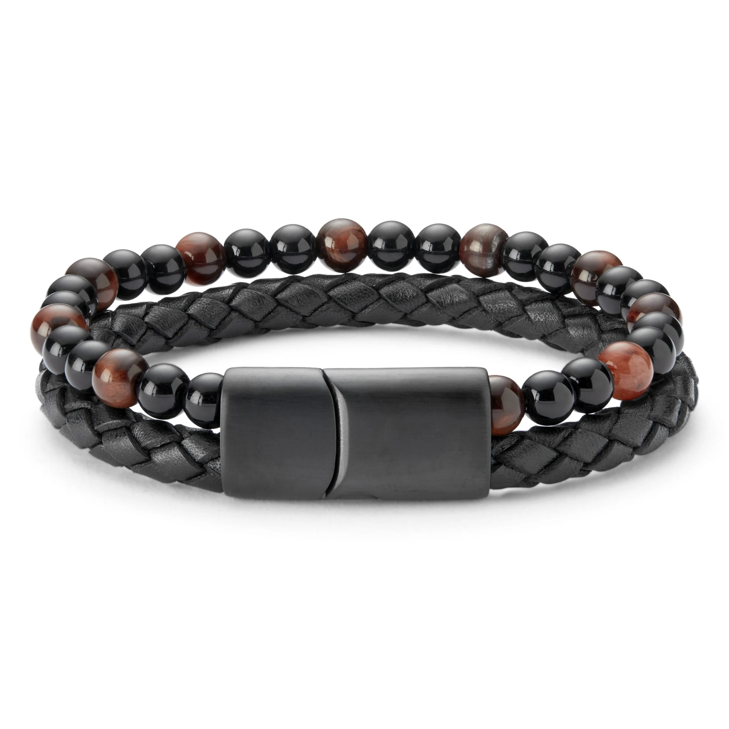 Sequoia Ανδρικό Βραχιόλι με Μάτι Τίγρης , Ατσάλι και Δέρμα MBR-0005 Βαθύ κόκκινο