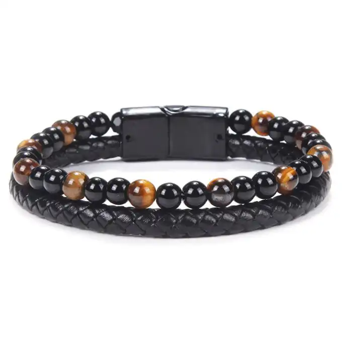 Sequoia Ανδρικό Βραχιόλι με Μάτι Τίγρης , Ατσάλι και Δέρμα MBR-0005 Καφέ