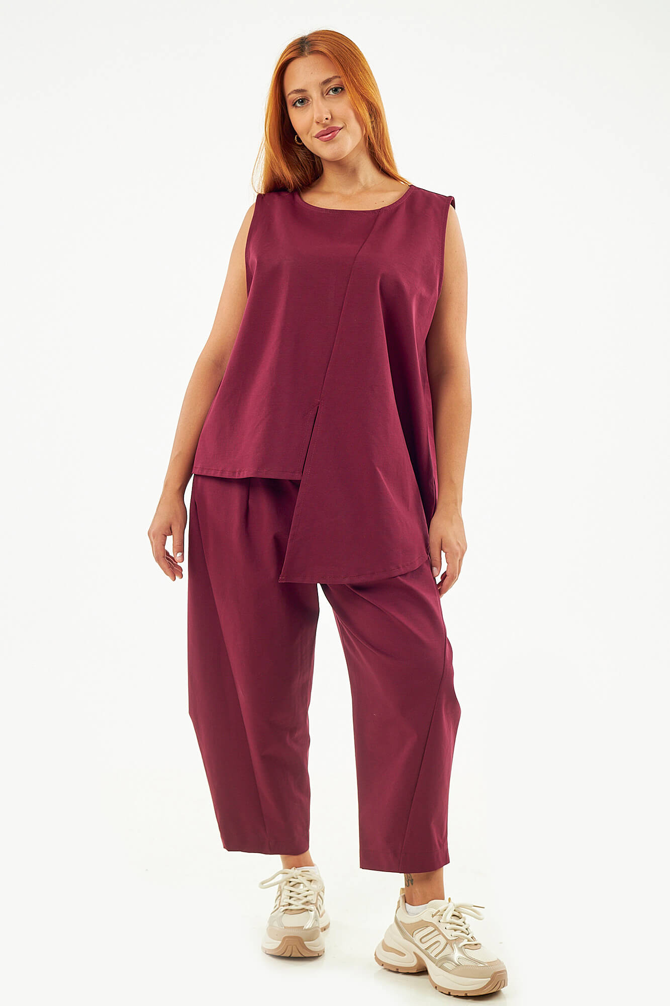 Sequoia Μοντέρνο Γυναικείο Oversize Σετ Ασύμμετρη Αμάνικη Μπλούζα με Παντελόνι 33-41096 Γκρι