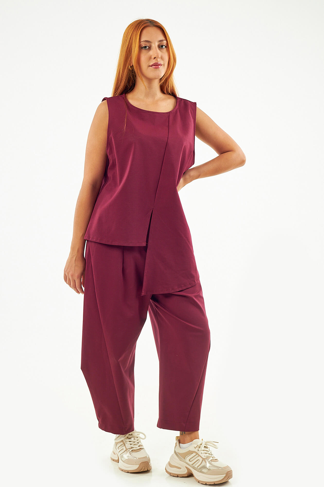 Sequoia Μοντέρνο Γυναικείο Oversize Σετ Ασύμμετρη Αμάνικη Μπλούζα με Παντελόνι 33-41096 Γκρι