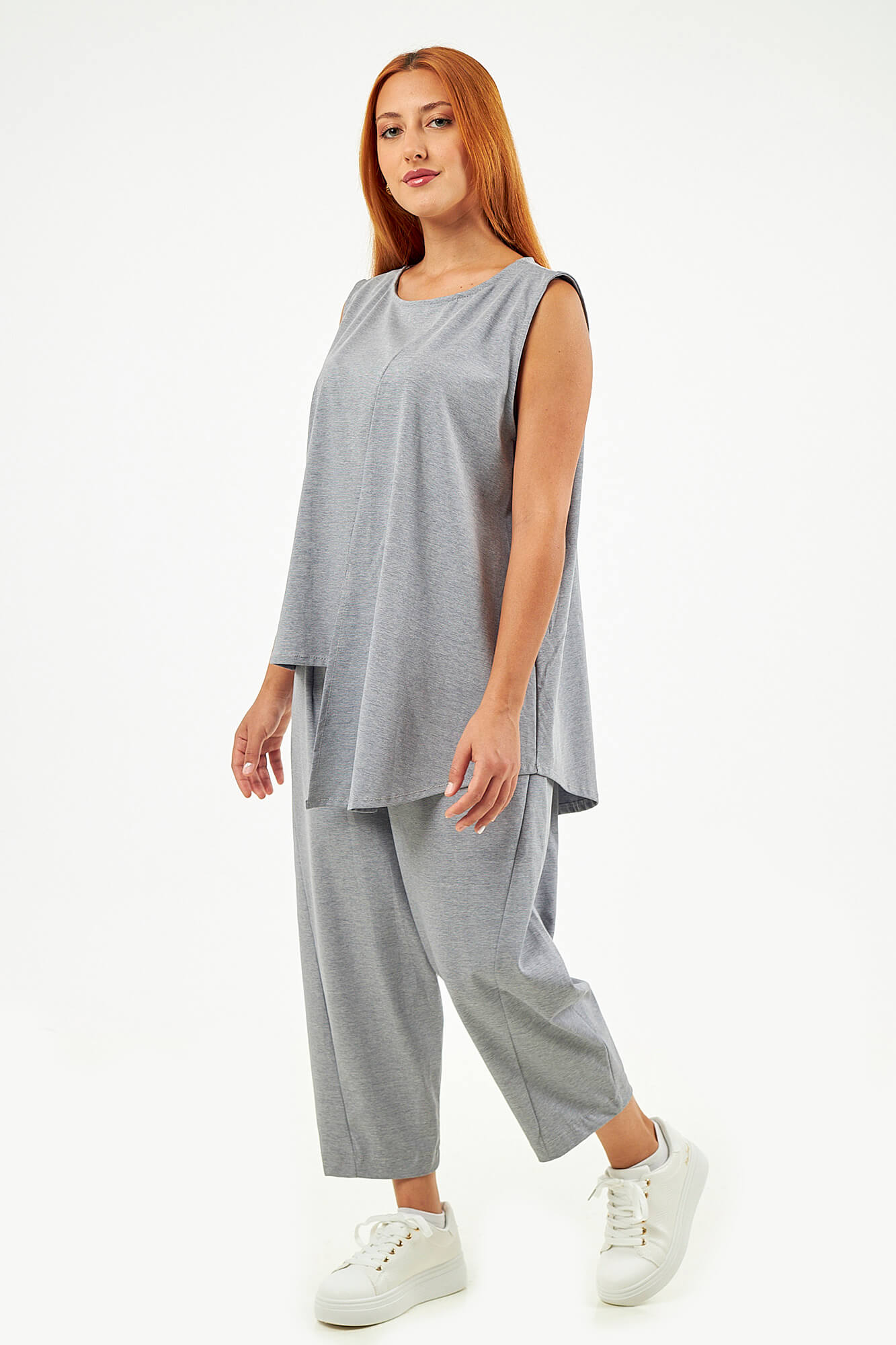 Sequoia Μοντέρνο Γυναικείο Oversize Σετ Ασύμμετρη Αμάνικη Μπλούζα με Παντελόνι 33-41096 Γκρι