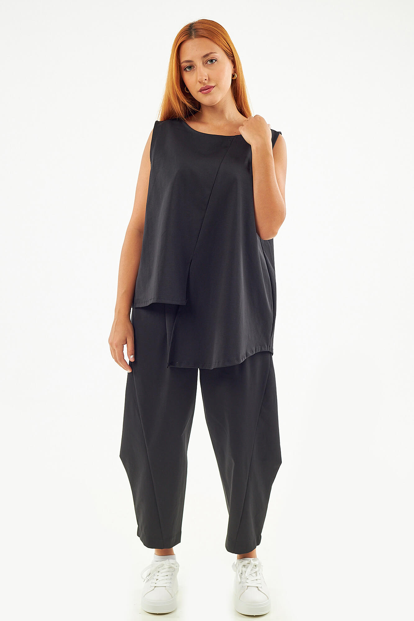 Sequoia Μοντέρνο Γυναικείο Oversize Σετ Ασύμμετρη Αμάνικη Μπλούζα με Παντελόνι 33-41096 Γκρι