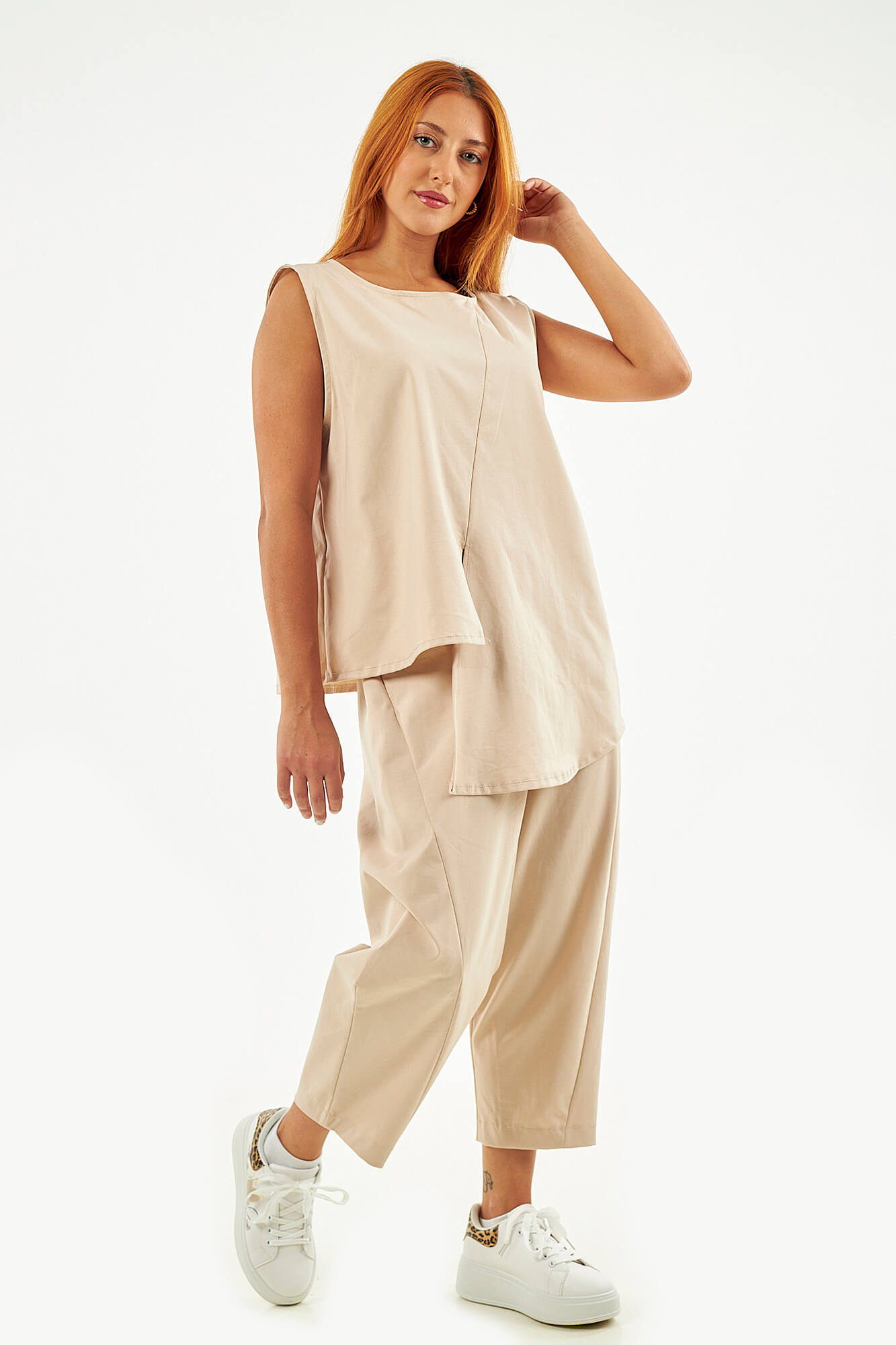 Sequoia Μοντέρνο Γυναικείο Oversize Σετ Ασύμμετρη Αμάνικη Μπλούζα με Παντελόνι 33-41096 Γκρι