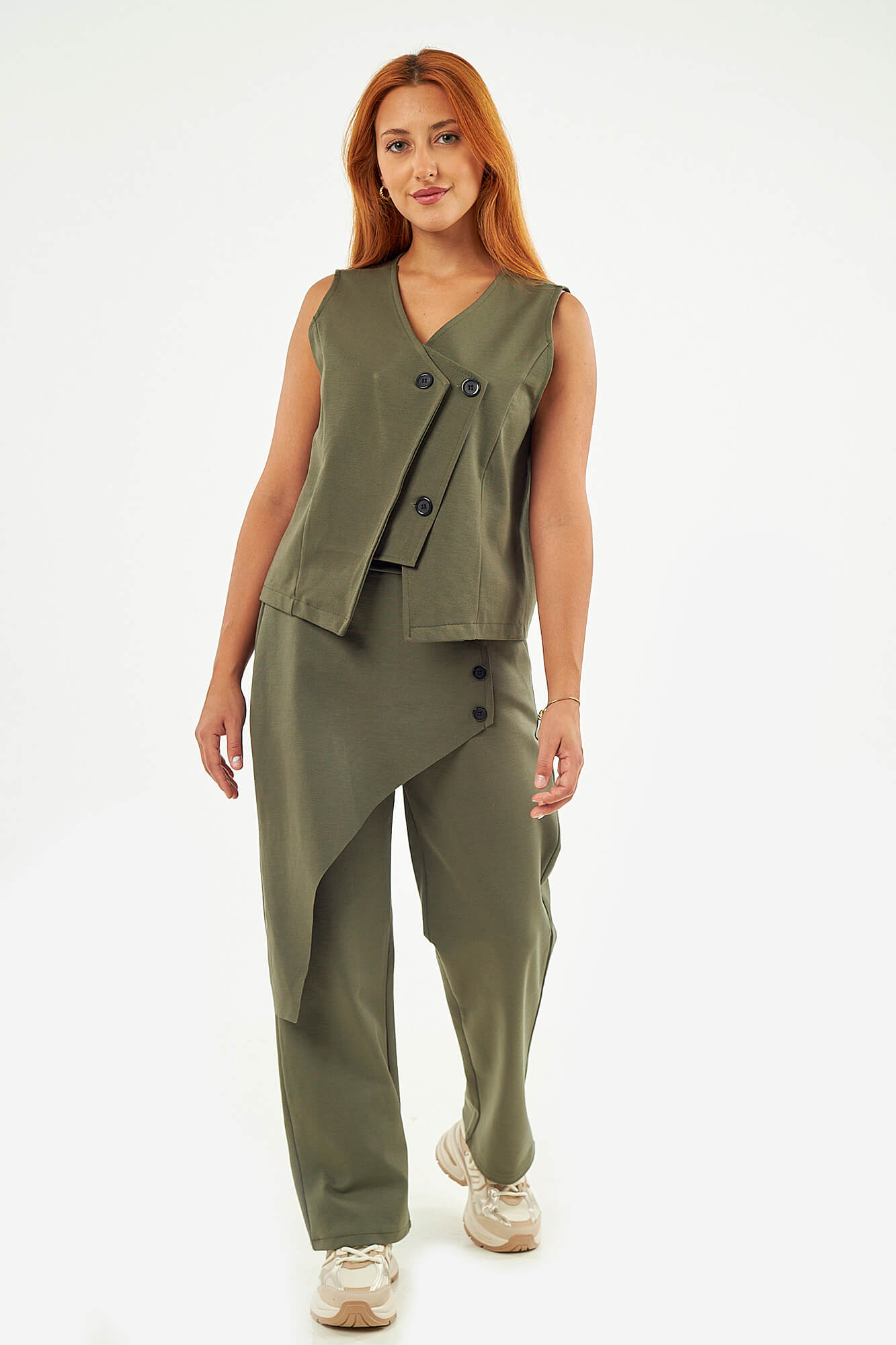 Sequoia Μοντέρνο Γυναικείο Oversize Σετ Γιλέκο με Παντελόνι 33-41378 Λαδί