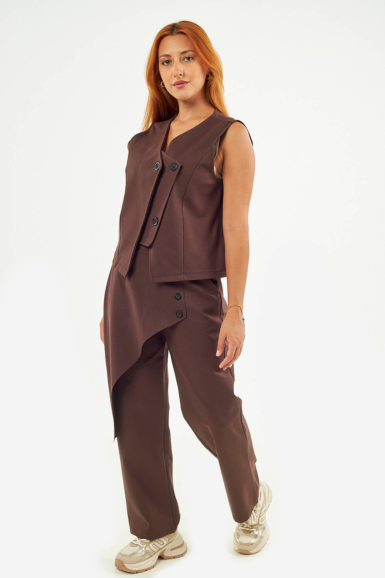 Sequoia Μοντέρνο Γυναικείο Oversize Σετ Γιλέκο με Παντελόνι 33-41378 Καφέ