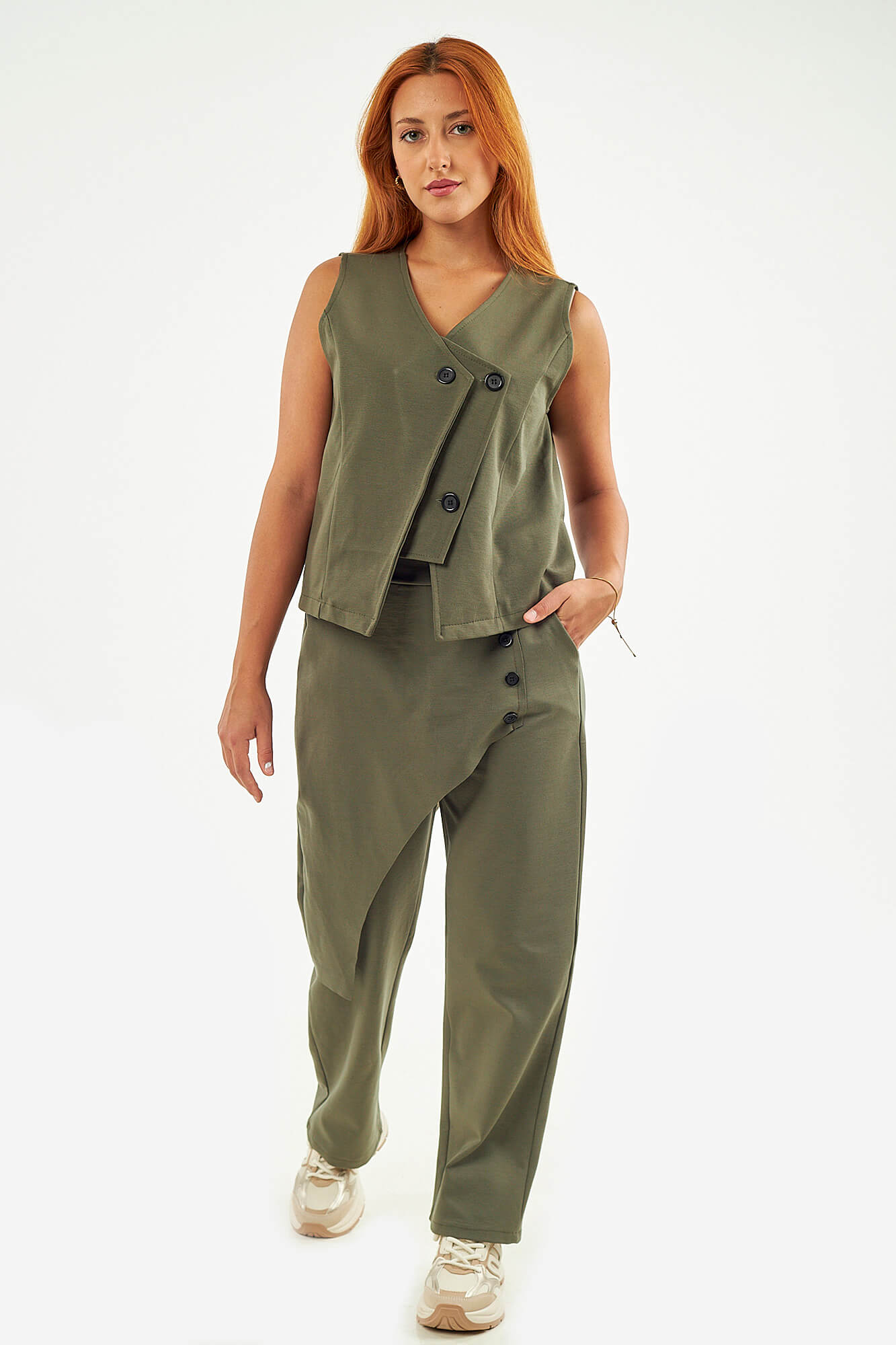 Sequoia Μοντέρνο Γυναικείο Oversize Σετ Γιλέκο με Παντελόνι 33-41378 Λαδί