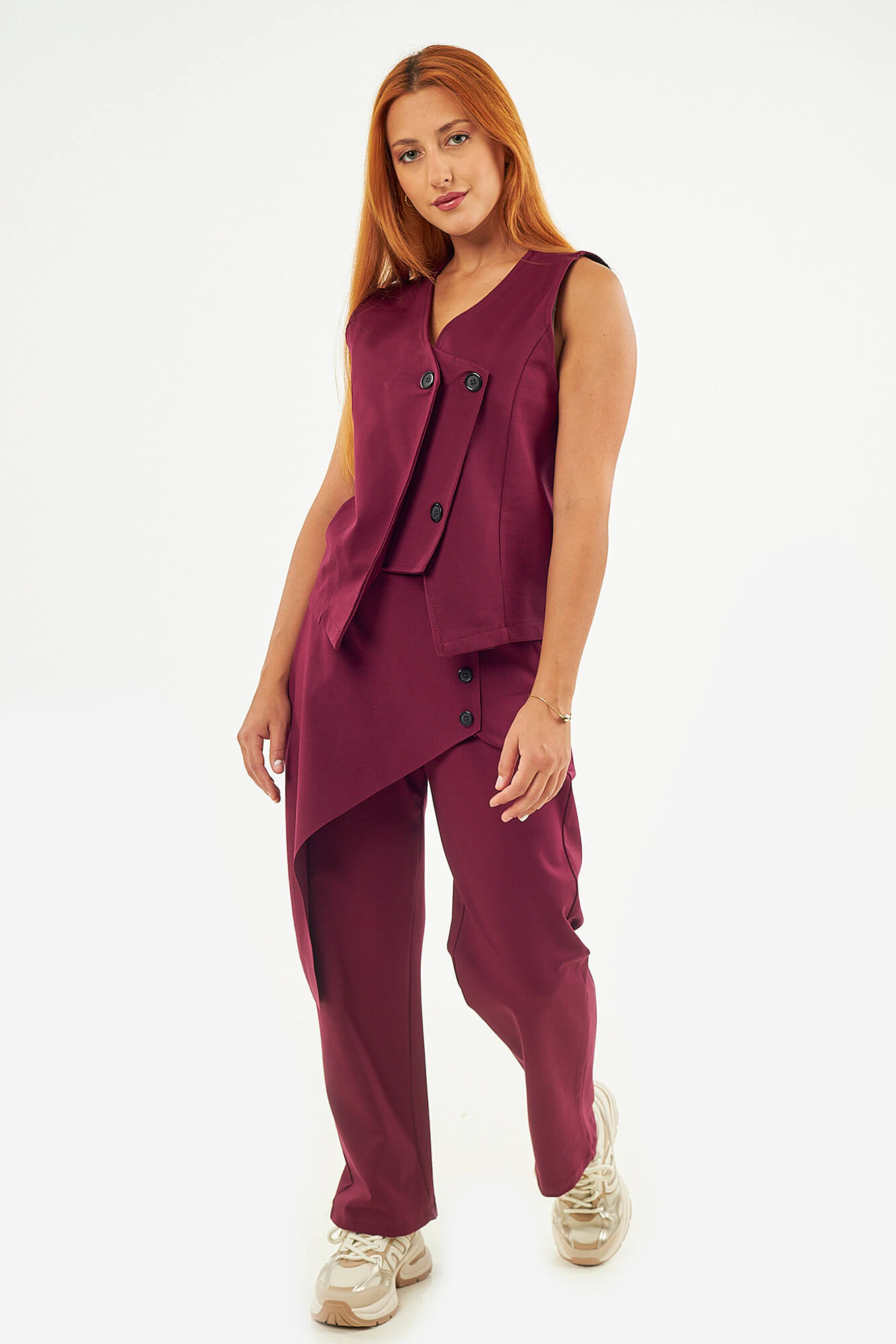 Sequoia Μοντέρνο Γυναικείο Oversize Σετ Γιλέκο με Παντελόνι 33-41378 Μπορντό