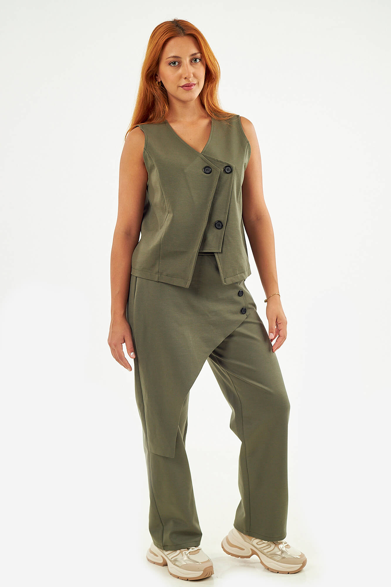 Sequoia Μοντέρνο Γυναικείο Oversize Σετ Γιλέκο με Παντελόνι 33-41378 Λαδί