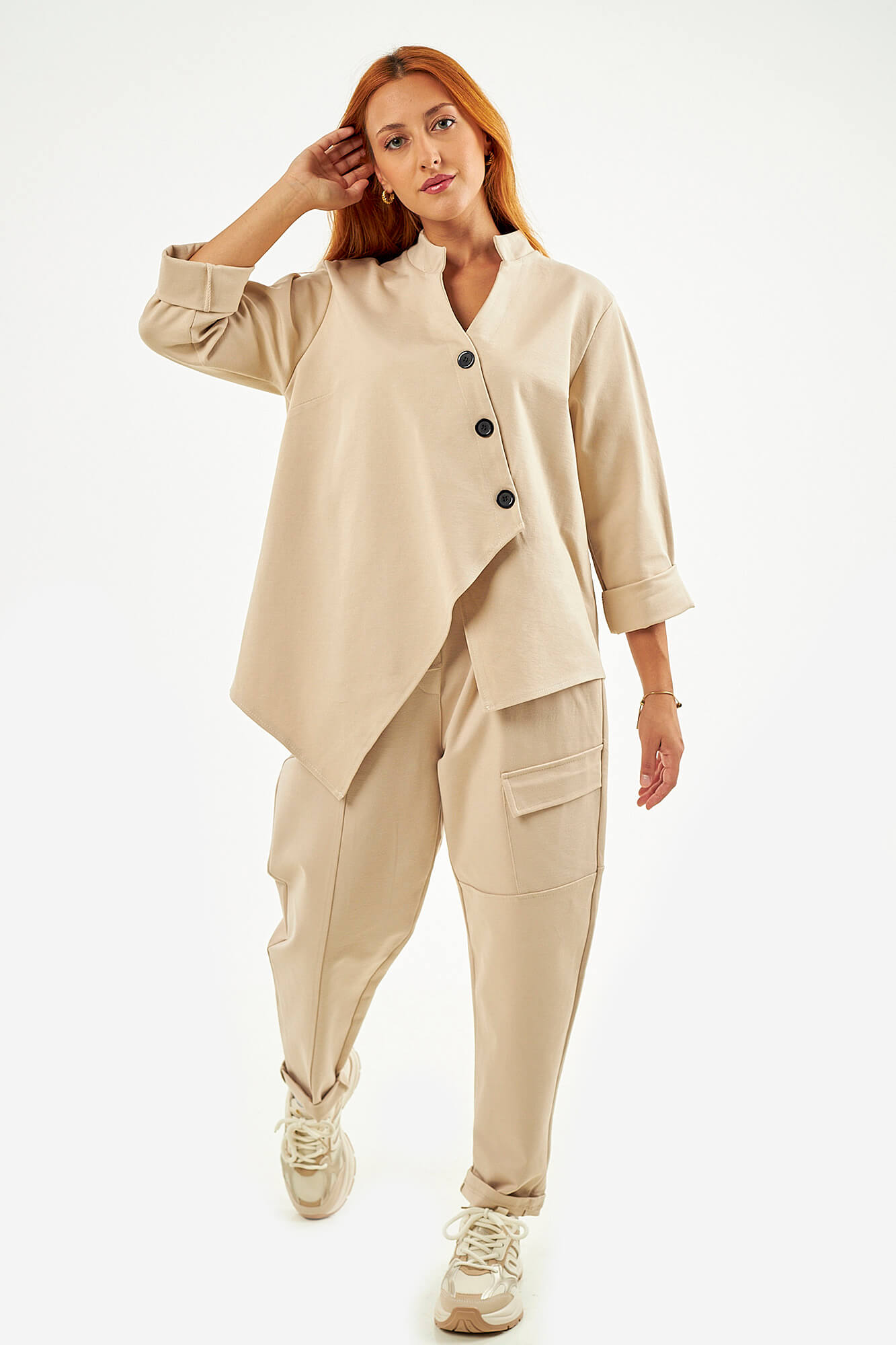 Sequoia Μοντέρνο Γυναικείο Oversize Σετ Γιλέκο με Παντελόνι 33-41426 Μπεζ