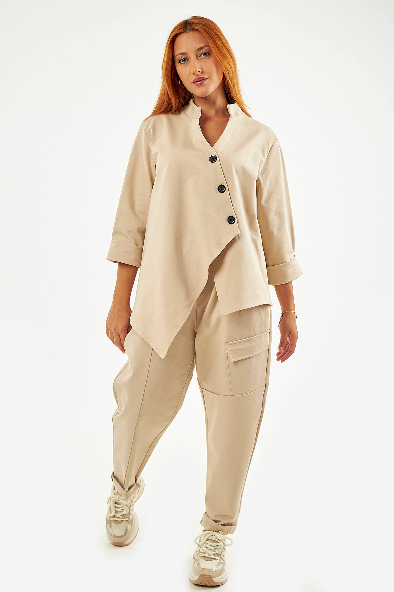Sequoia Μοντέρνο Γυναικείο Oversize Σετ Γιλέκο με Παντελόνι 33-41426 Μπεζ