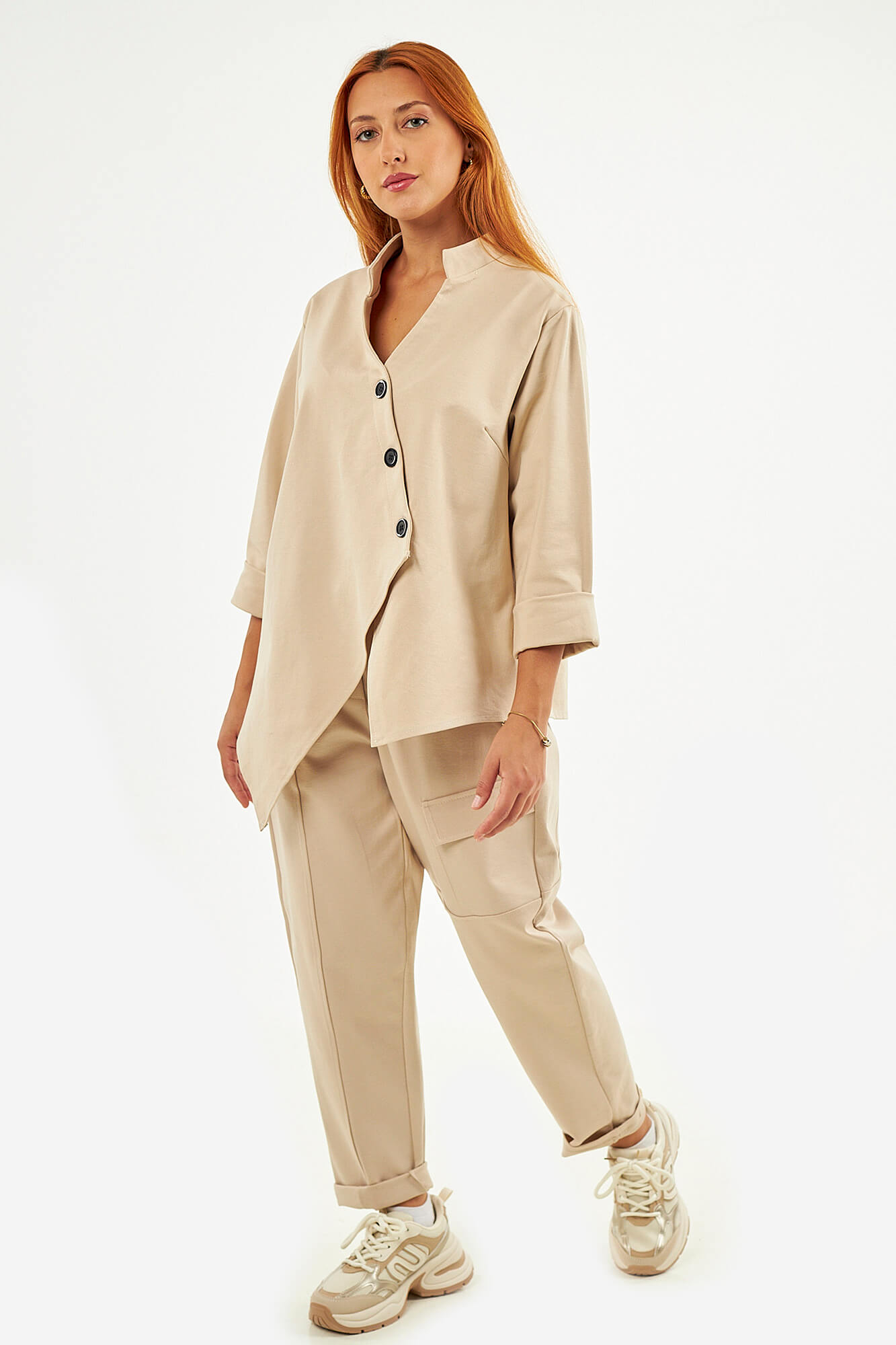 Sequoia Μοντέρνο Γυναικείο Oversize Σετ Γιλέκο με Παντελόνι 33-41426 Μπεζ