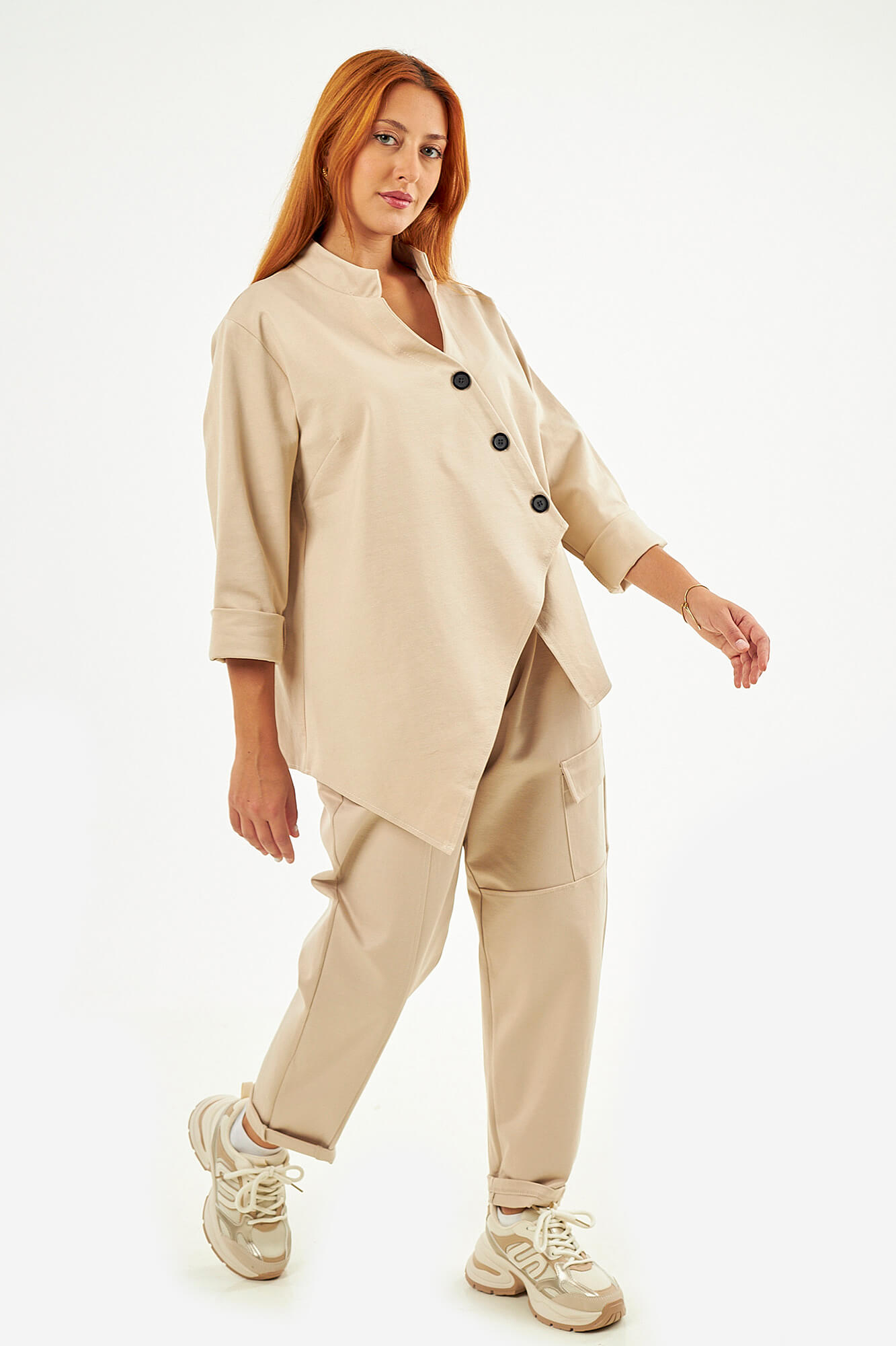 Sequoia Μοντέρνο Γυναικείο Oversize Σετ Γιλέκο με Παντελόνι 33-41426 Μπεζ
