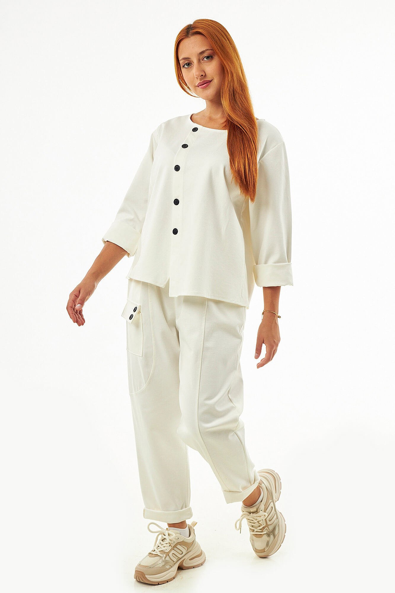 Sequoia Μοντέρνο Γυναικείο Oversize Σετ Μπλούζα και Παντελόνι 33-41435 Εκρού