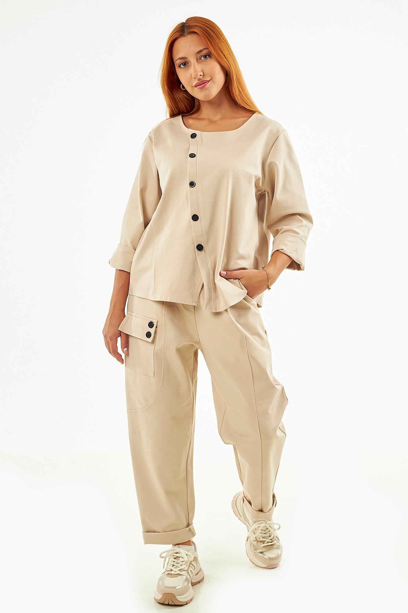 Sequoia Μοντέρνο Γυναικείο Oversize Σετ Μπλούζα με Παντελόνι 33-41435 Μπεζ