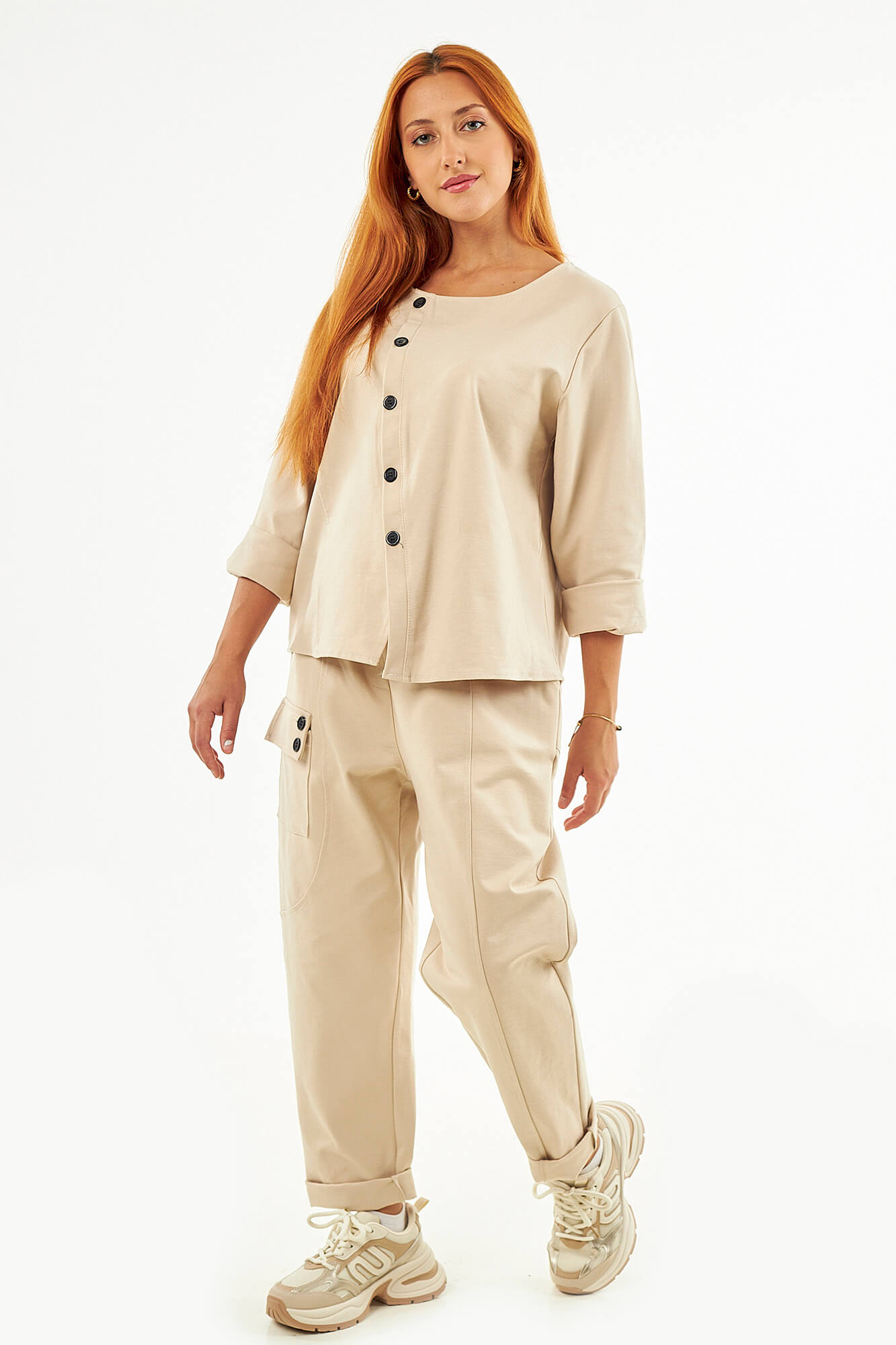 Sequoia Μοντέρνο Γυναικείο Oversize Σετ Μπλούζα με Παντελόνι 33-41435 Μπεζ