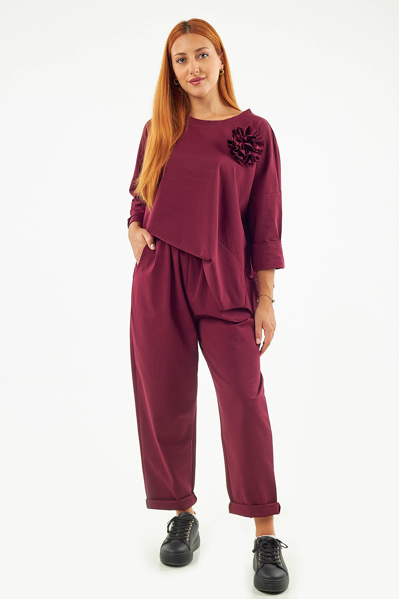 Sequoia Μοντέρνο Γυναικείο Oversize Σετ Μπλούζα με αποσπώμενη καρφίτσα και Παντελόνι 33-41645 Μπορντό