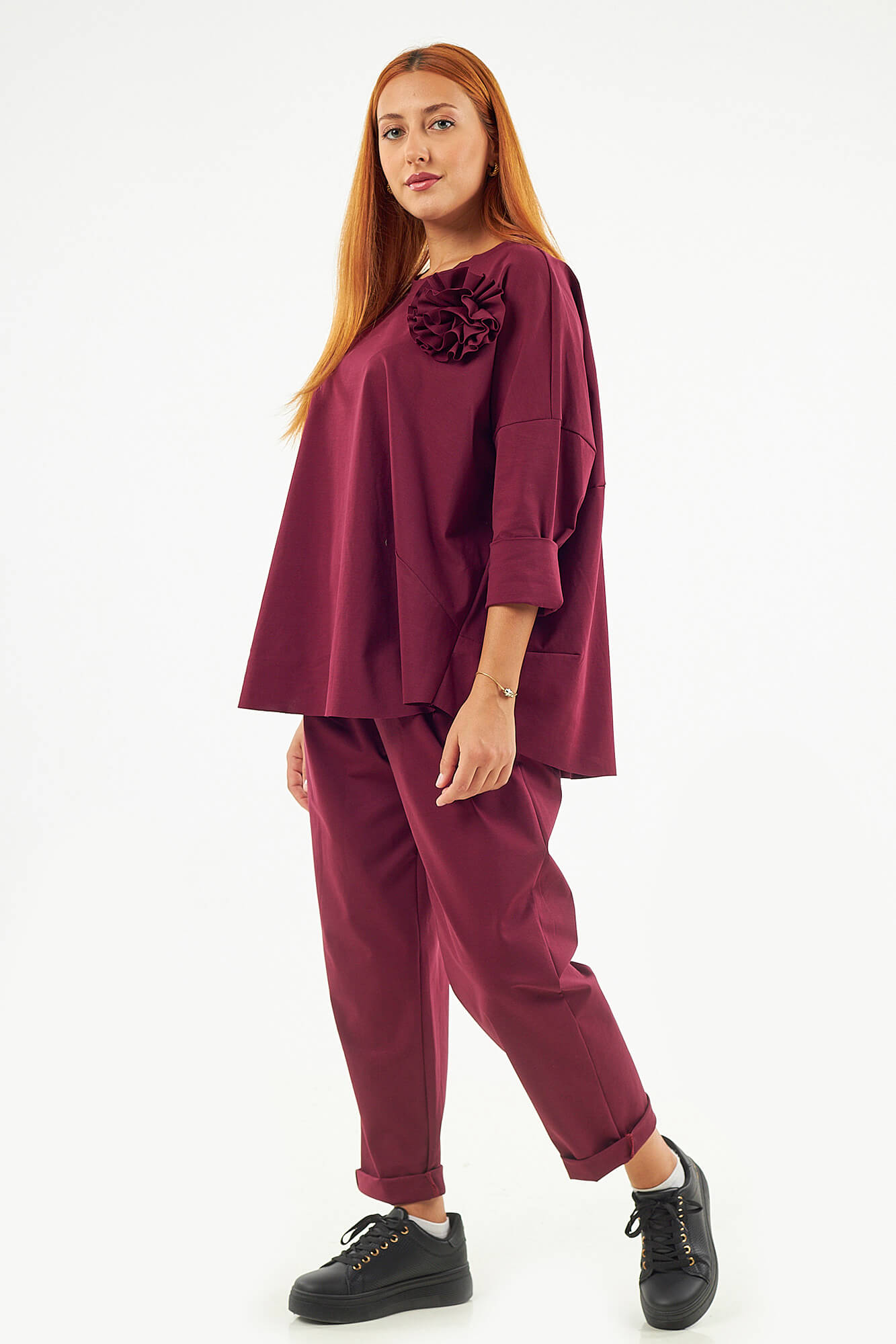 Sequoia Μοντέρνο Γυναικείο Oversize Σετ Μπλούζα με αποσπώμενη καρφίτσα και Παντελόνι 33-41645 Μπορντό