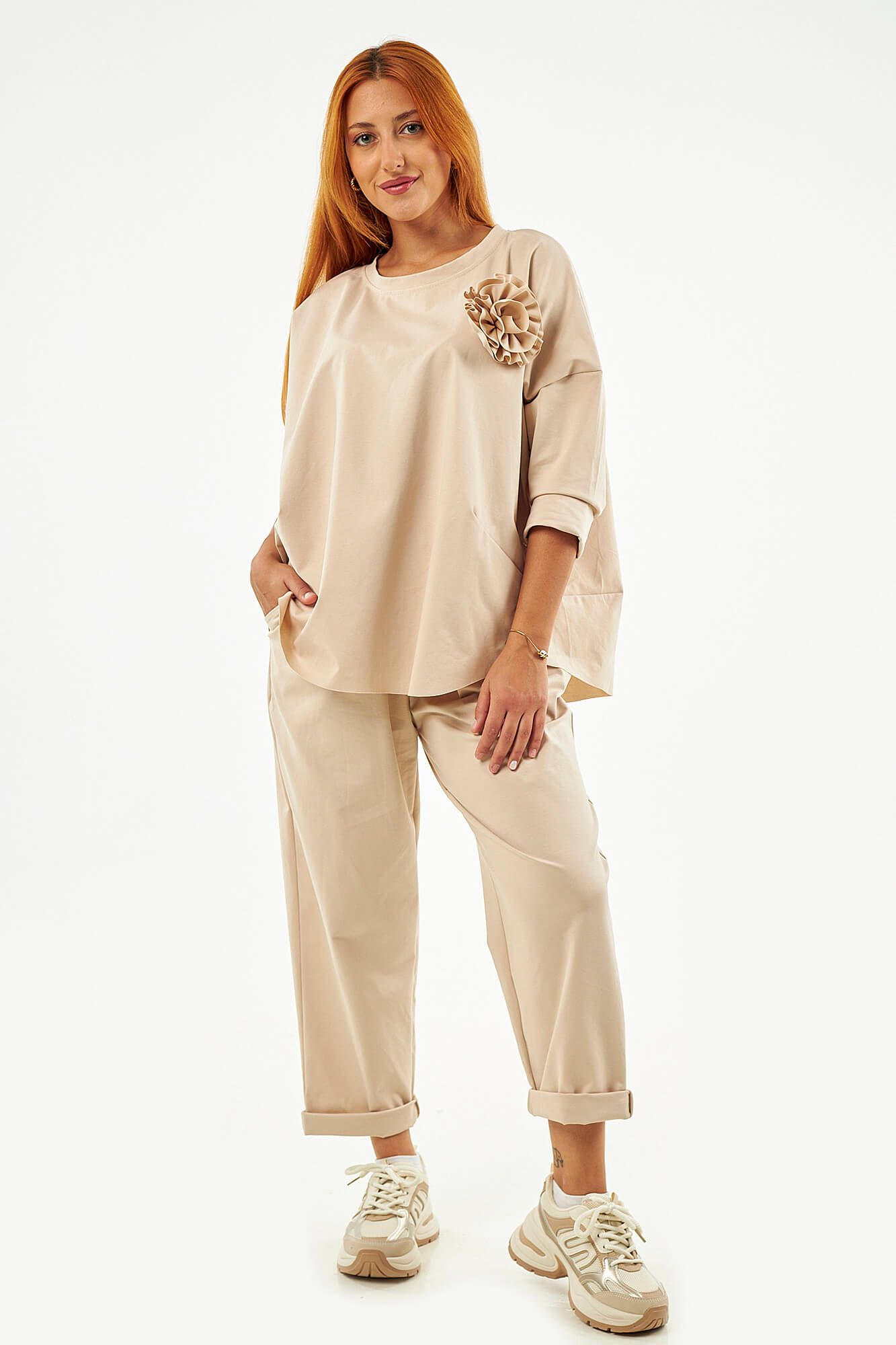 Sequoia Μοντέρνο Γυναικείο Oversize Σετ Μπλούζα με αποσπώμενη καρφίτσα και Παντελόνι 33-41645 Εκρού