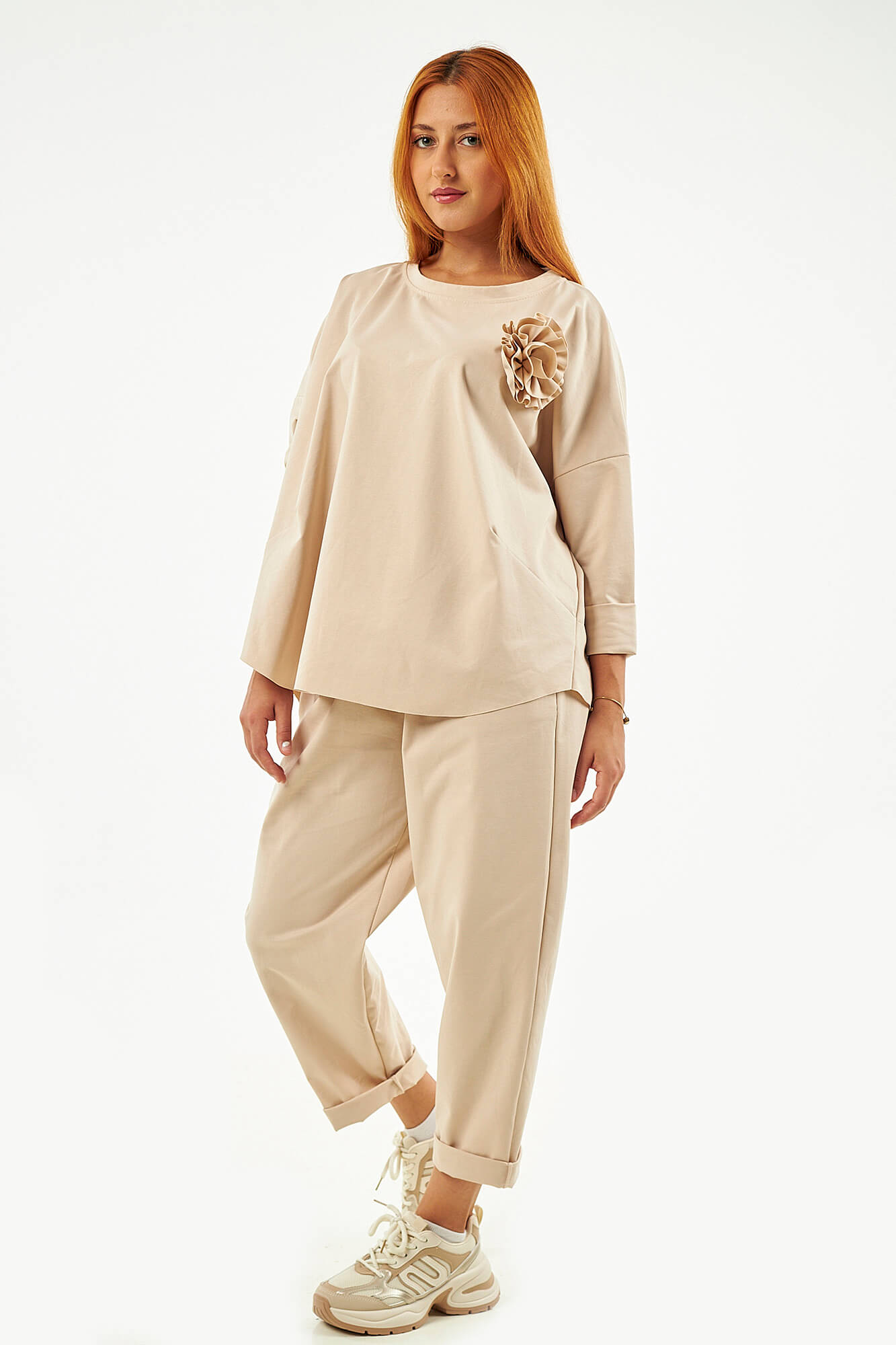 Sequoia Μοντέρνο Γυναικείο Oversize Σετ Μπλούζα με αποσπώμενη καρφίτσα και Παντελόνι 33-41645 Εκρού