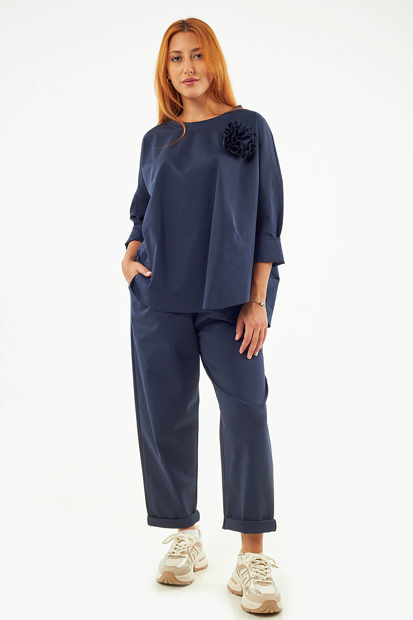 Sequoia Μοντέρνο Γυναικείο Oversize Σετ Μπλούζα με αποσπώμενη καρφίτσα και Παντελόνι 33-41645 Μπλε