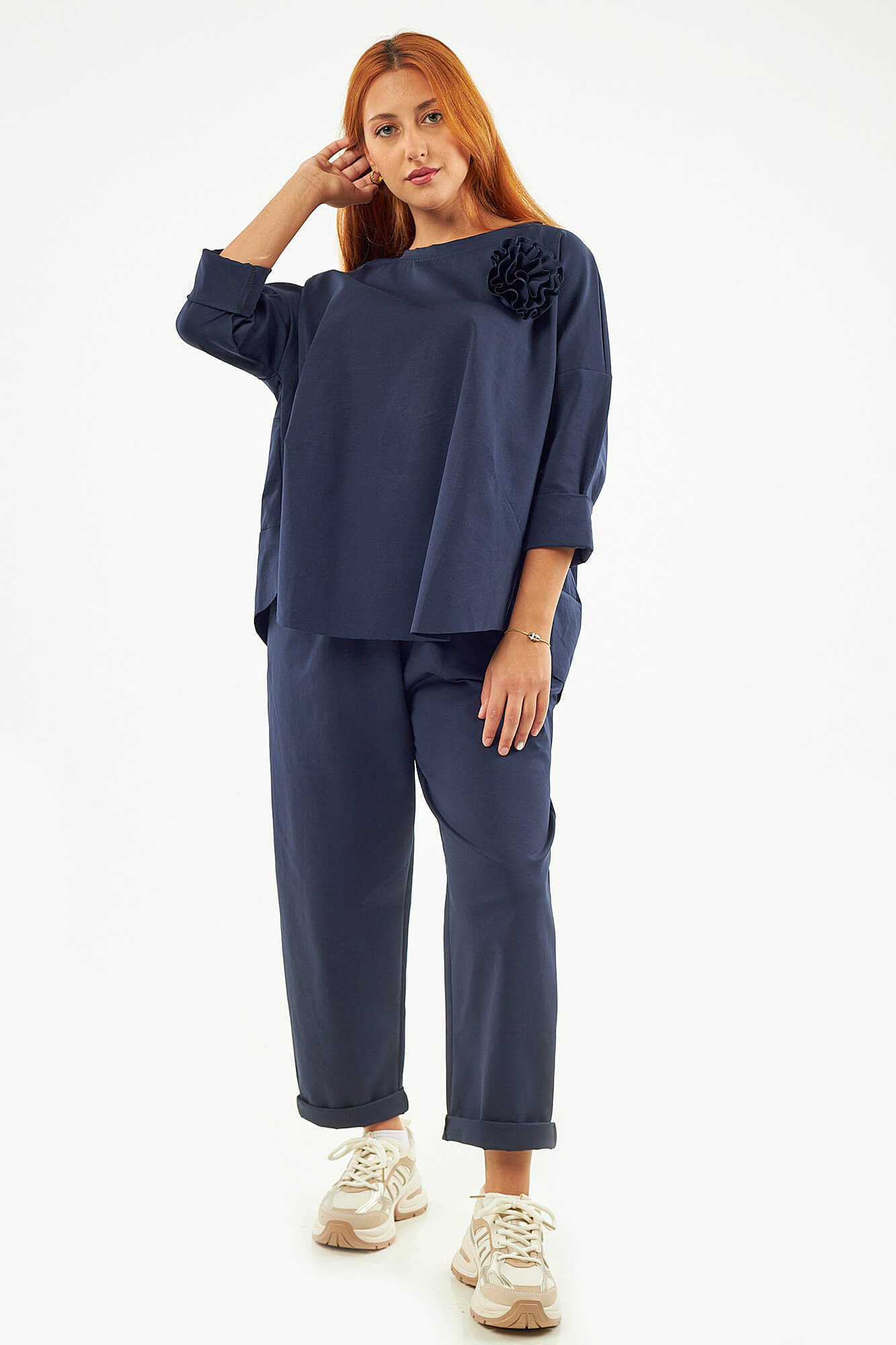 Sequoia Μοντέρνο Γυναικείο Oversize Σετ Μπλούζα με αποσπώμενη καρφίτσα και Παντελόνι 33-41645 Μπλε