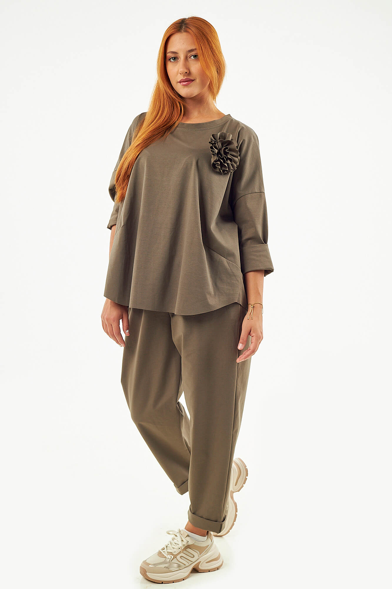 Sequoia Μοντέρνο Γυναικείο Oversize Σετ Μπλούζα με αποσπώμενη καρφίτσα και Παντελόνι 33-41645 Λαδί