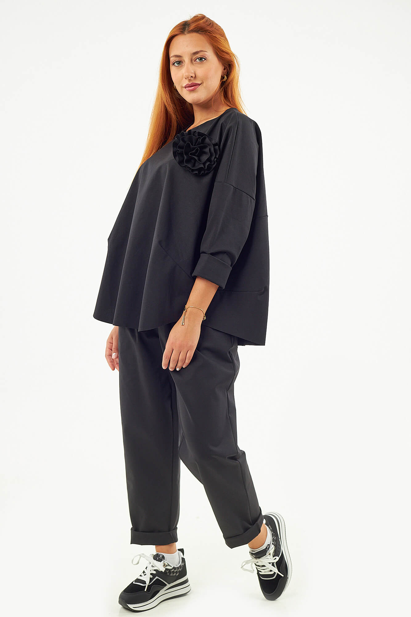 Sequoia Μοντέρνο Γυναικείο Oversize Σετ Μπλούζα με αποσπώμενη καρφίτσα και Παντελόνι 33-41645 Μαύρο