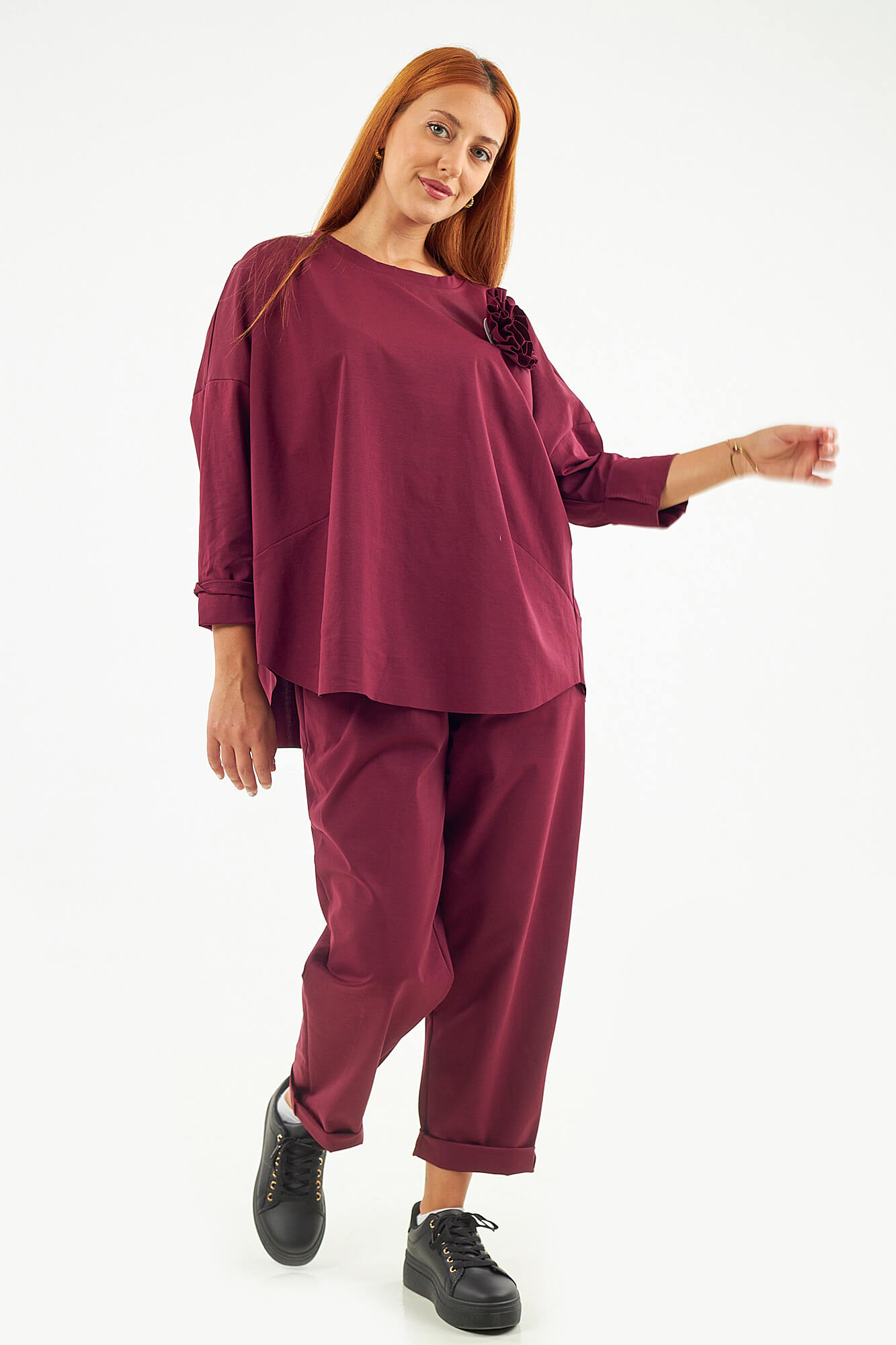 Sequoia Μοντέρνο Γυναικείο Oversize Σετ Μπλούζα με αποσπώμενη καρφίτσα και Παντελόνι 33-41645 Μπορντό