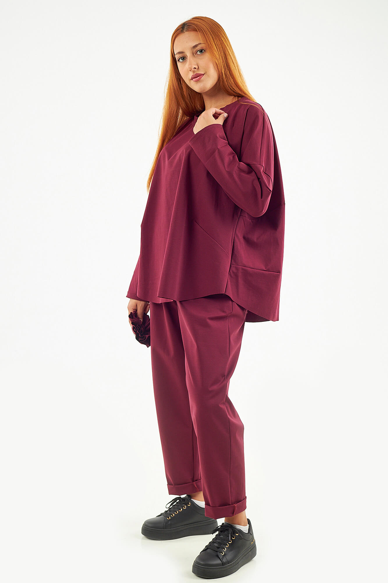 Sequoia Μοντέρνο Γυναικείο Oversize Σετ Μπλούζα με αποσπώμενη καρφίτσα και Παντελόνι 33-41645 Μπορντό