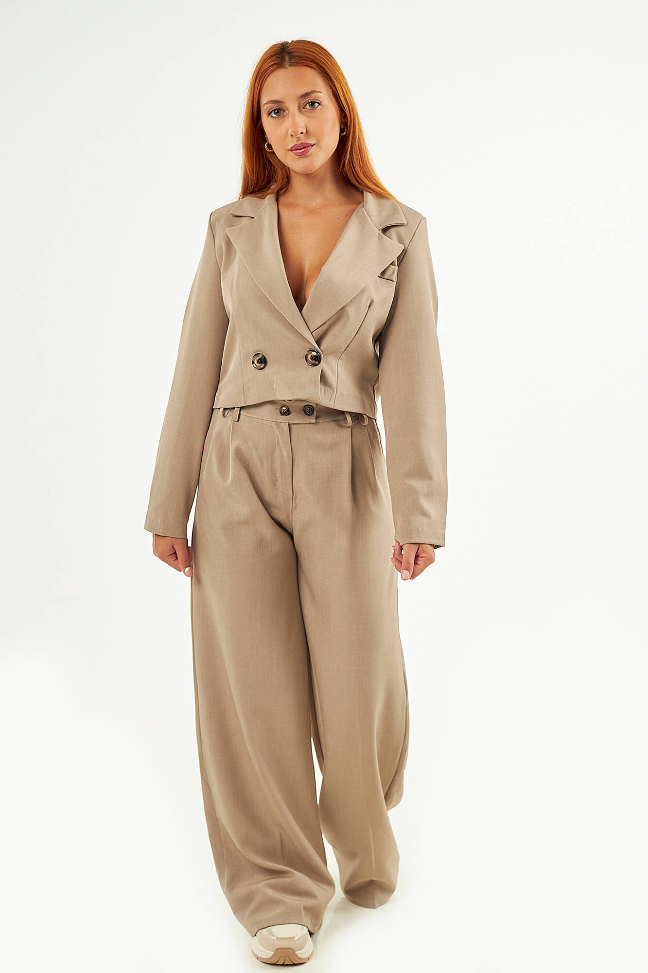 Sequoia Μοντέρνο Γυναικείο Oversize Σετ Σακάκι με Παντελόνι 33-50992 Μπεζ