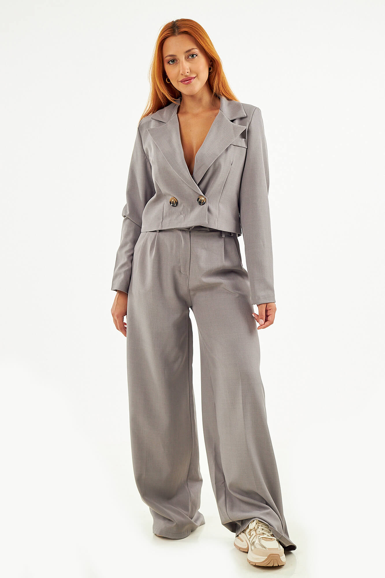 Sequoia Μοντέρνο Γυναικείο Oversize Σετ Σακάκι με Παντελόνι 33-50992 Γκρι