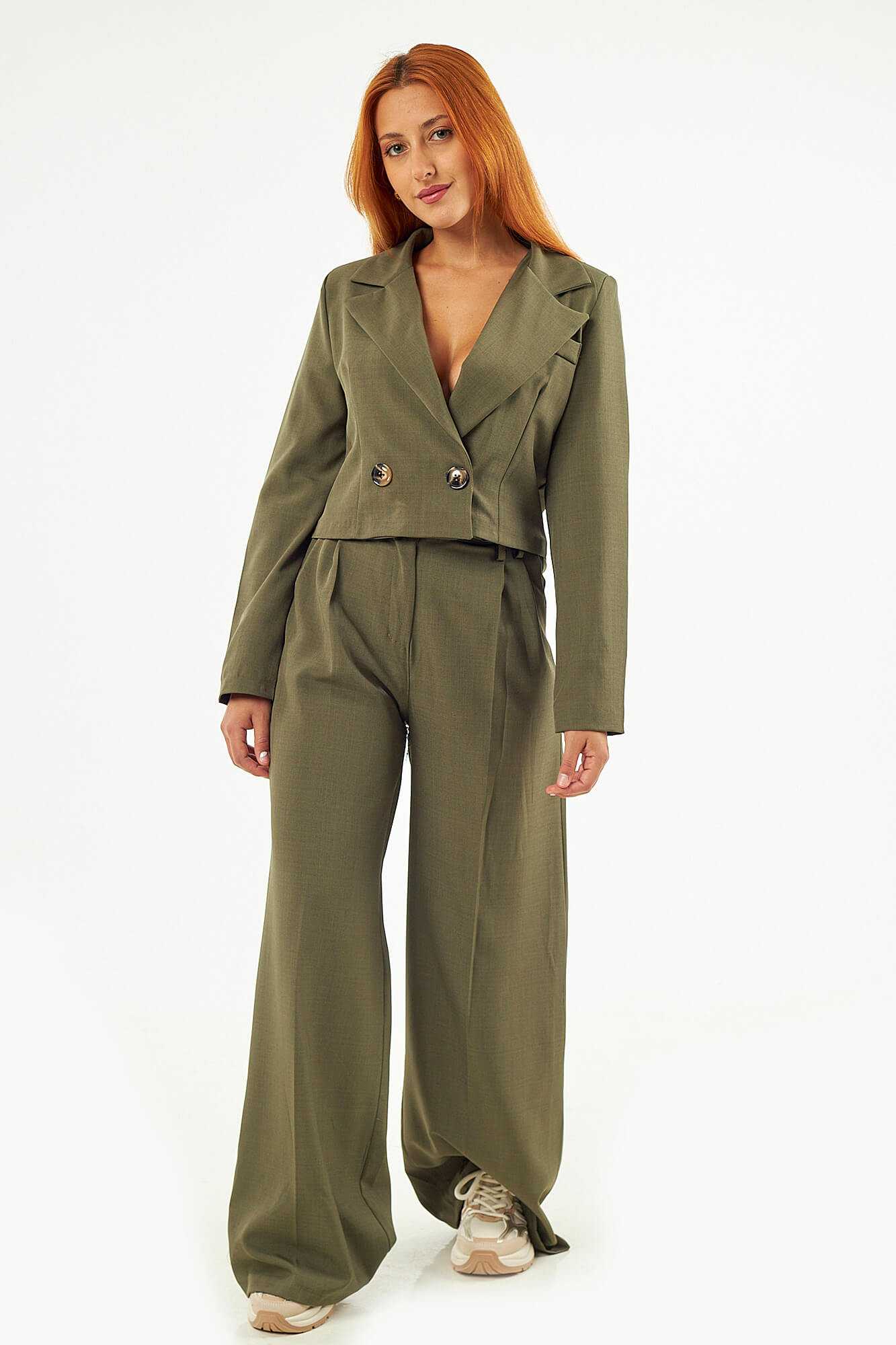 Sequoia Μοντέρνο Γυναικείο Oversize Σετ Σακάκι με Παντελόνι 33-50992 Χακί