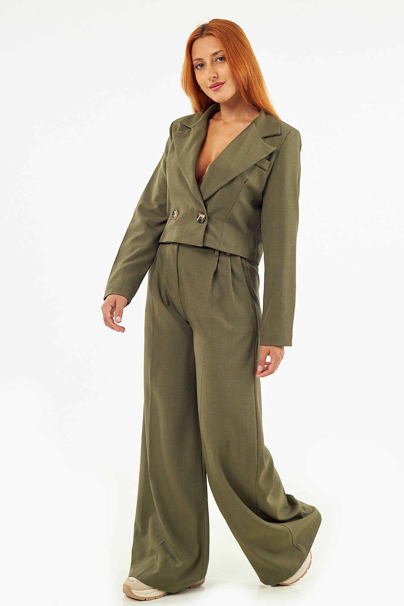 Sequoia Μοντέρνο Γυναικείο Oversize Σετ Σακάκι με Παντελόνι 33-50992 Χακί