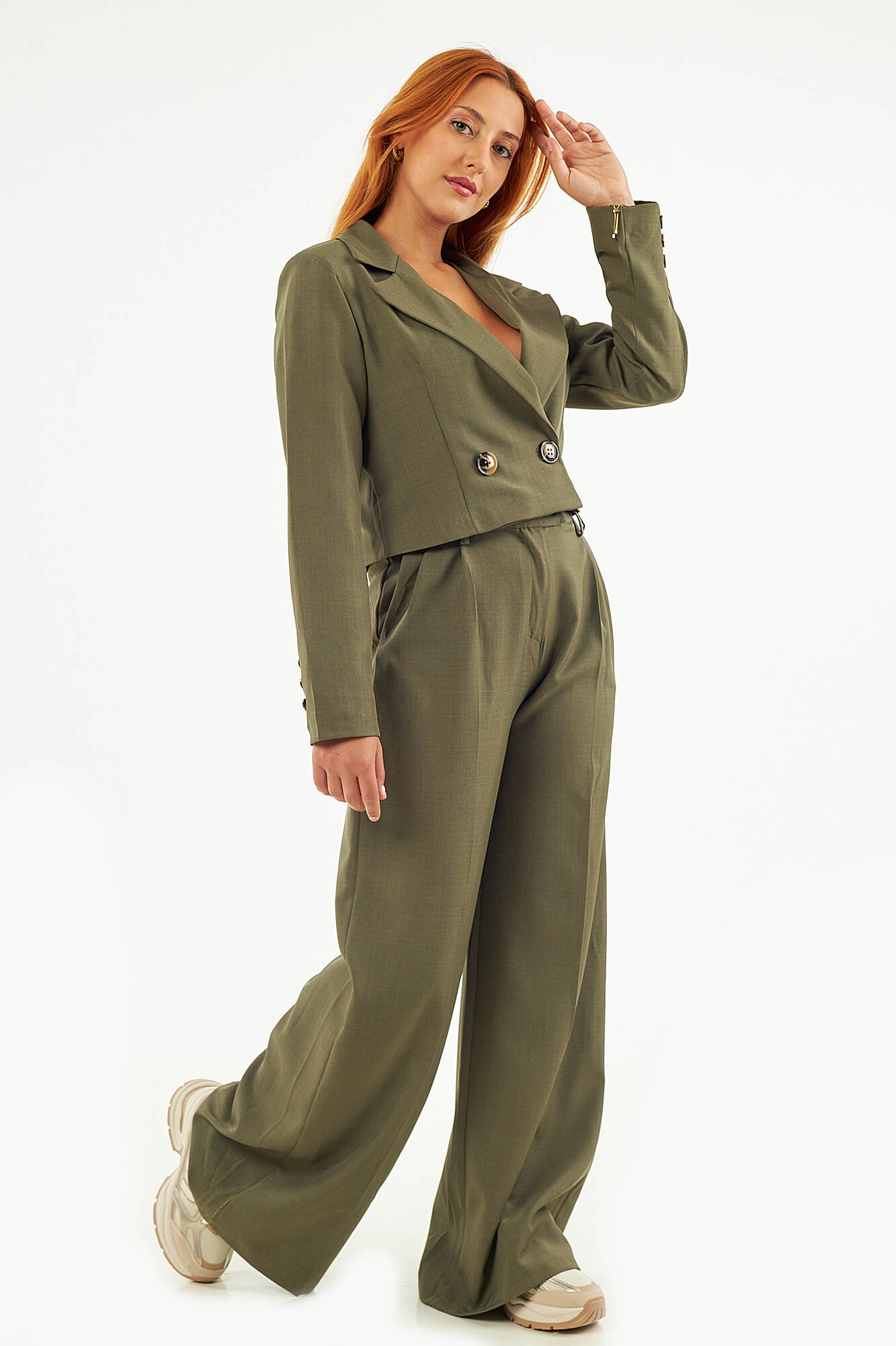 Sequoia Μοντέρνο Γυναικείο Oversize Σετ Σακάκι με Παντελόνι 33-50992 Χακί