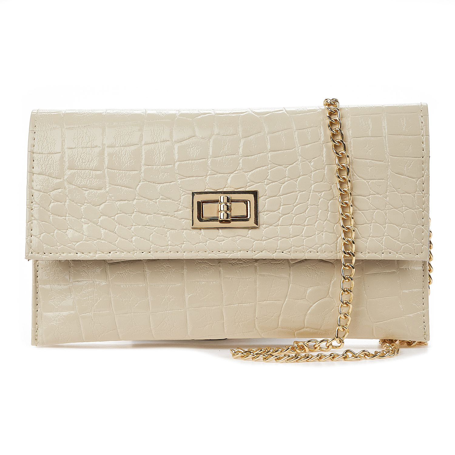 Sequoia Γυναικεία Τσάντα Χιαστί – Φάκελος με Ανάγλυφο Μοτίβο κροκοδειλου και Χρυσή Αλυσίδα V-113CR SiennaΜπεζ