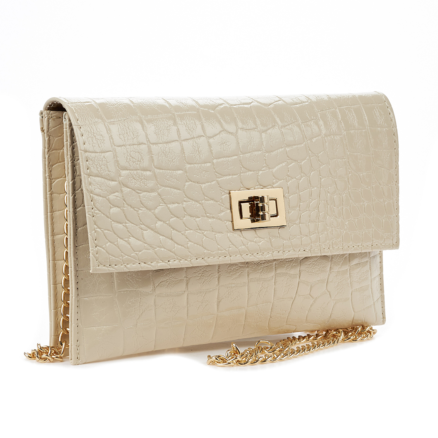 Sequoia Γυναικεία Τσάντα Χιαστί – Φάκελος με Ανάγλυφο Μοτίβο κροκοδειλου και Χρυσή Αλυσίδα V-113CR SiennaΜπεζ