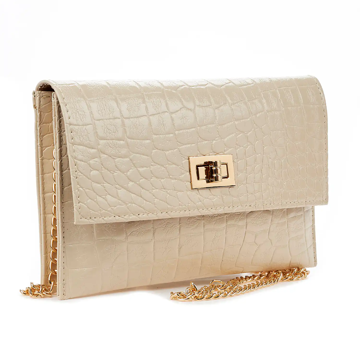 Sequoia Γυναικεία Τσάντα Χιαστί – Φάκελος με Ανάγλυφο Μοτίβο κροκοδειλου και Χρυσή Αλυσίδα V-113CR SiennaΜπεζ