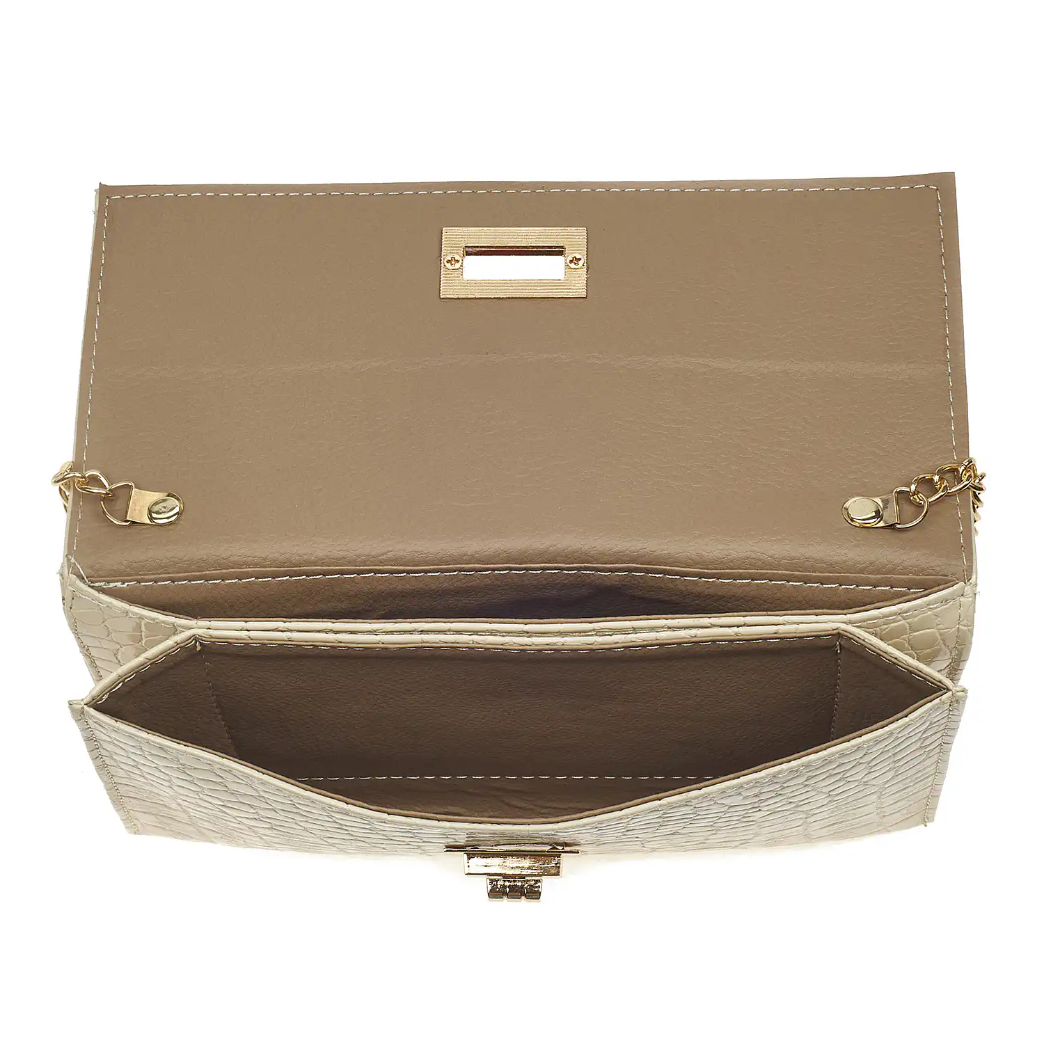 Sequoia Γυναικεία Τσάντα Χιαστί - Φάκελος με Ανάγλυφο Μοτίβο κροκοδειλου και Χρυσή Αλυσίδα V-113CR SiennaΜπεζ