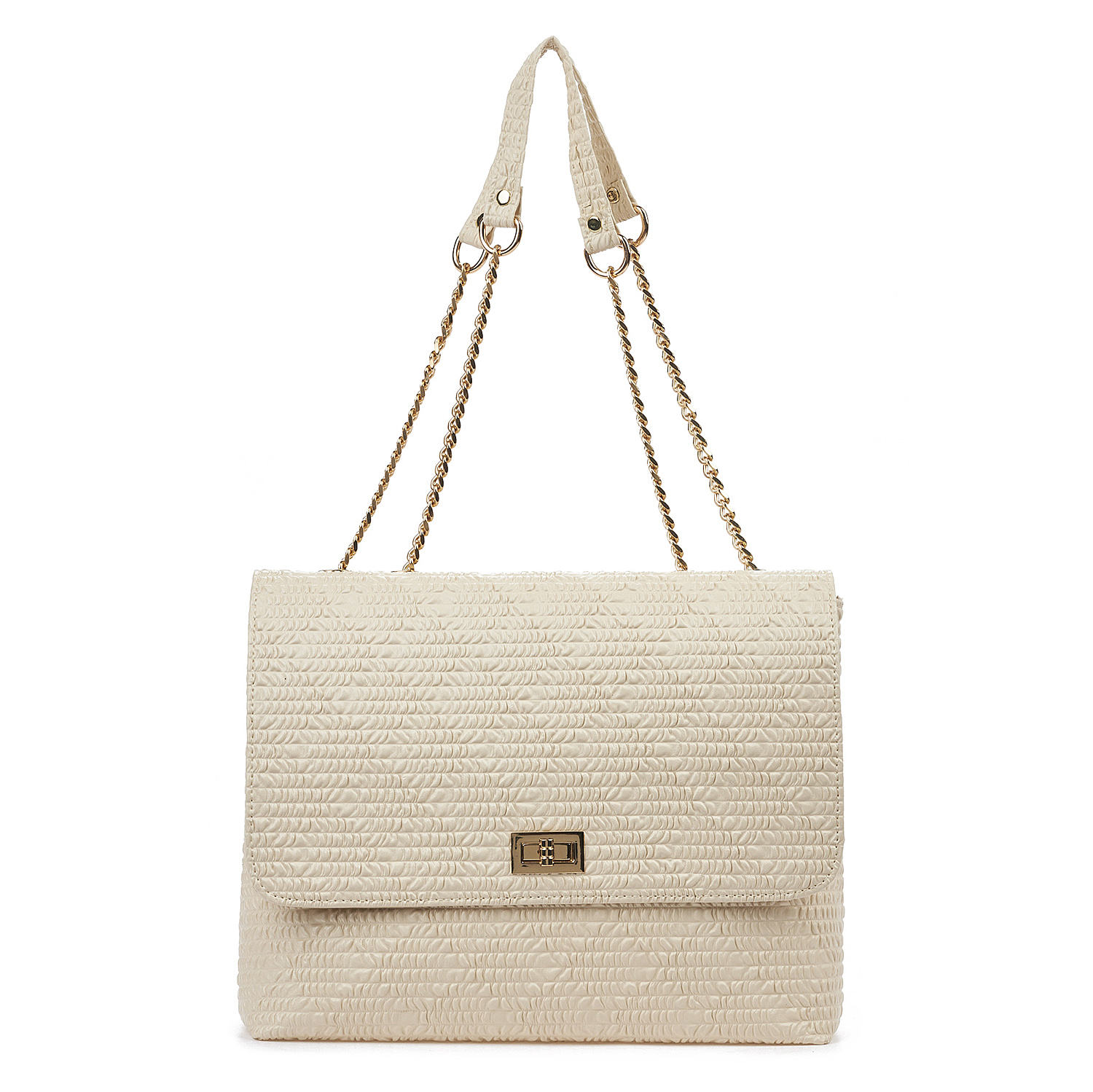 Sequoia Γυναικεία Τσάντα Ώμου με Ανάγλυφο Μοτίβο και Χρυσή Αλυσίδα V-109BU Μπεζ