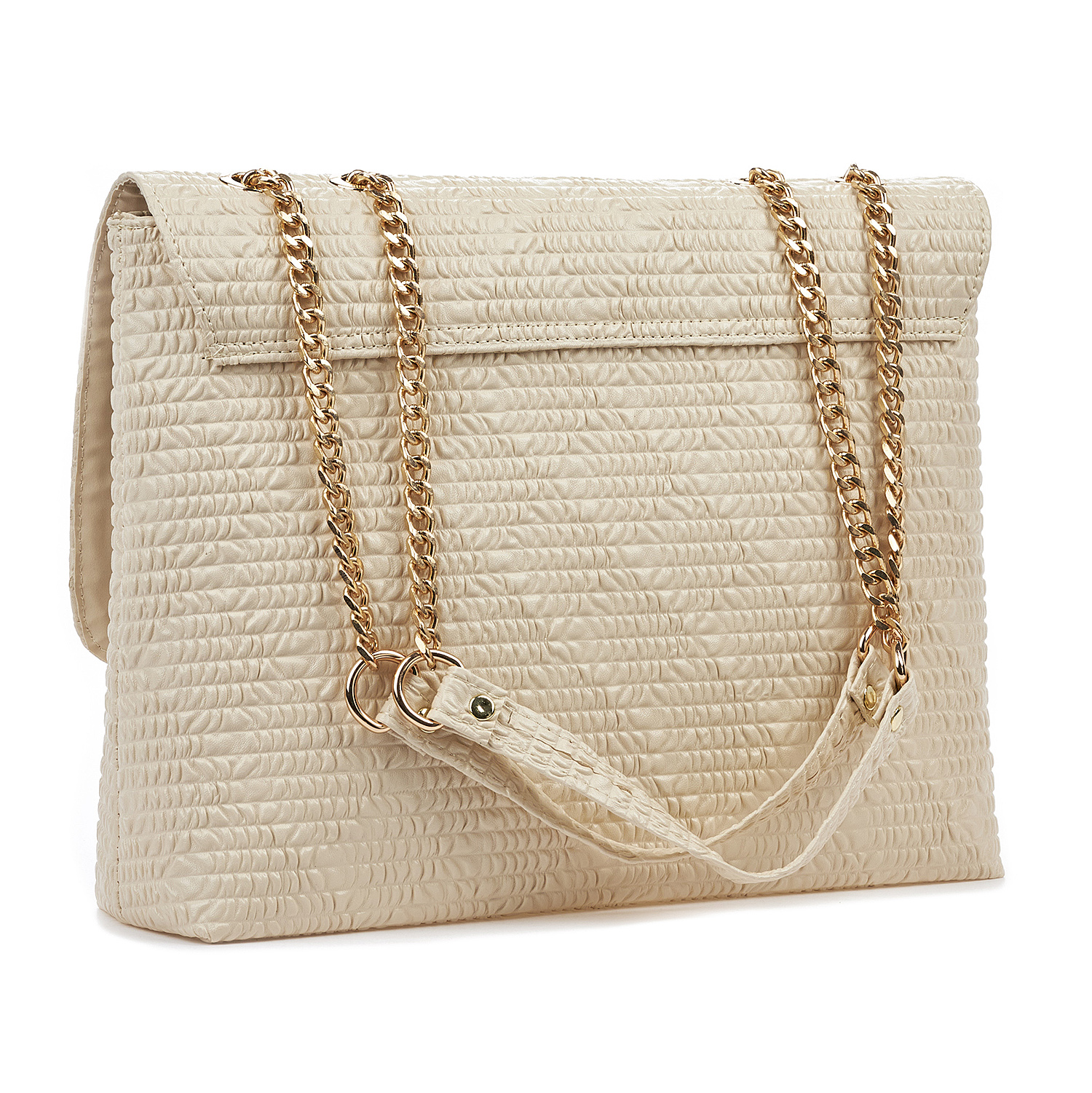 Sequoia Γυναικεία Τσάντα Ώμου με Ανάγλυφο Μοτίβο και Χρυσή Αλυσίδα V-109BU Μπεζ
